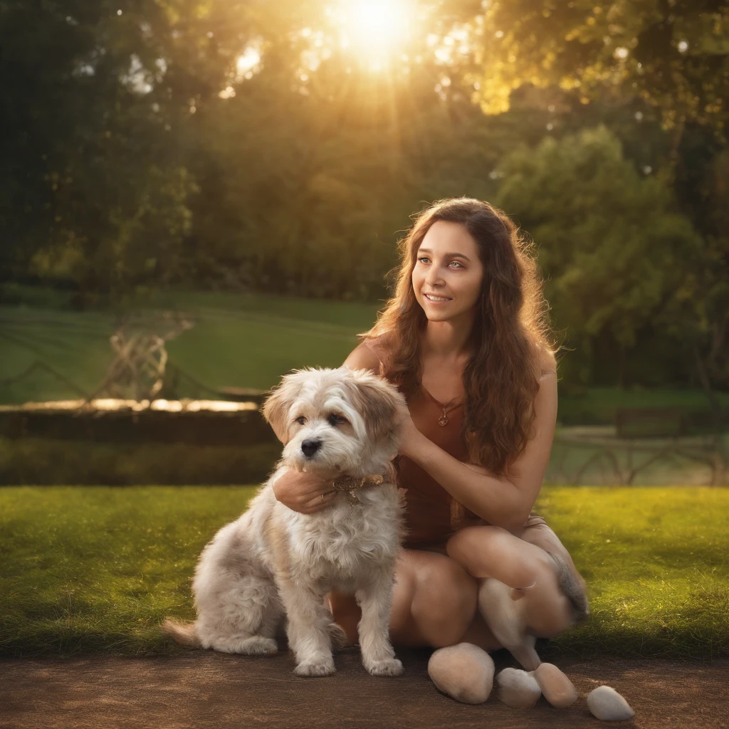 uma mulher adulta (mae); e um (barnet); e um cachorro, eles estao num parque ao ar livre de frente para o por do sol, e todos estao felizes