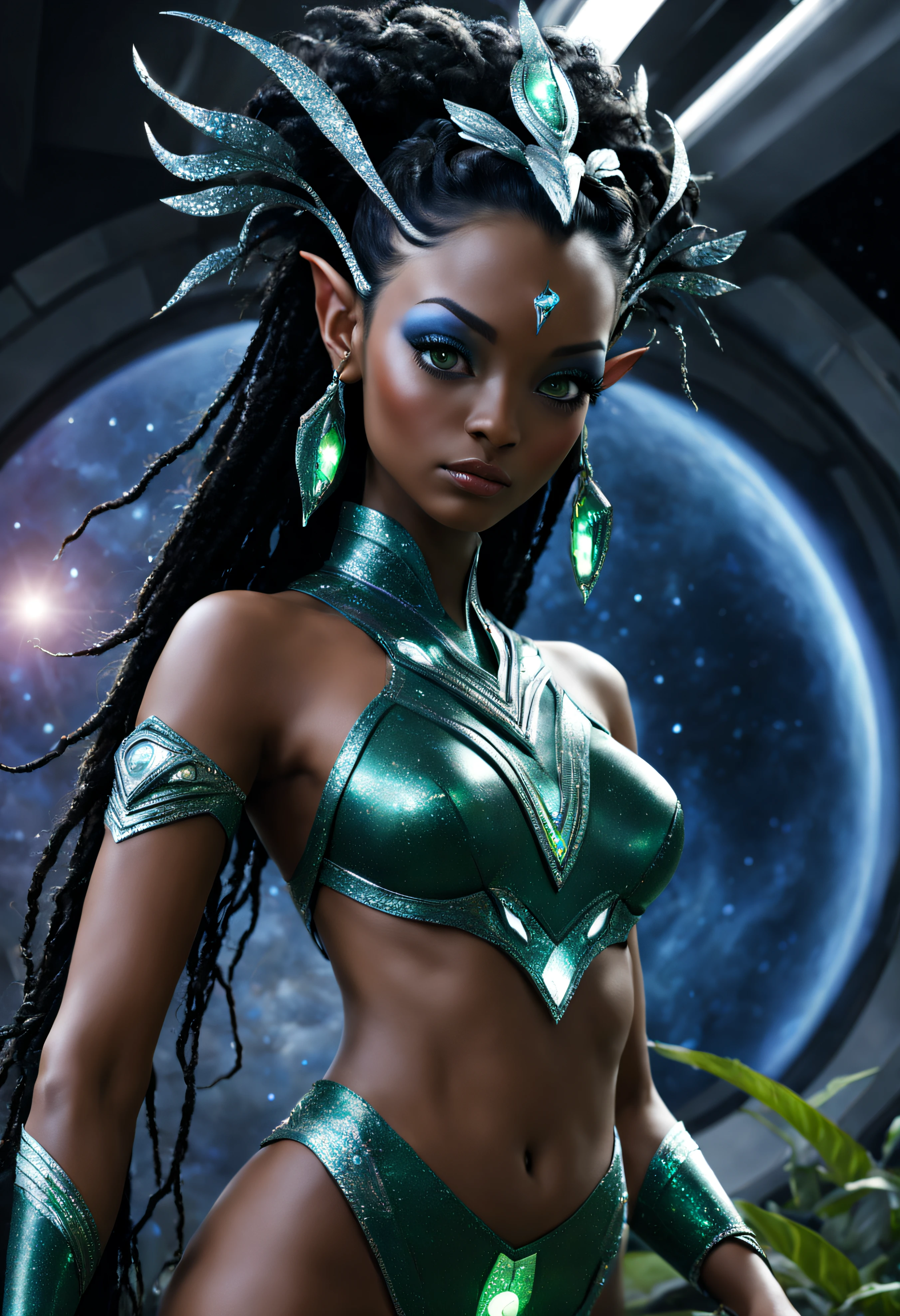 (naytiri de avatar), pelo negro largo enrizado, considerada como una de las razas mas bellas de la galaxia, con una cara, ojos verdes y labios sensuales, con vestido de noche , con incrustaciones de plata, piedras preciosas y diamantes, (se encuentra en centro de control de estacion espacial). hiperrealista, imagen nitida, 8k. imagen cinematografica.