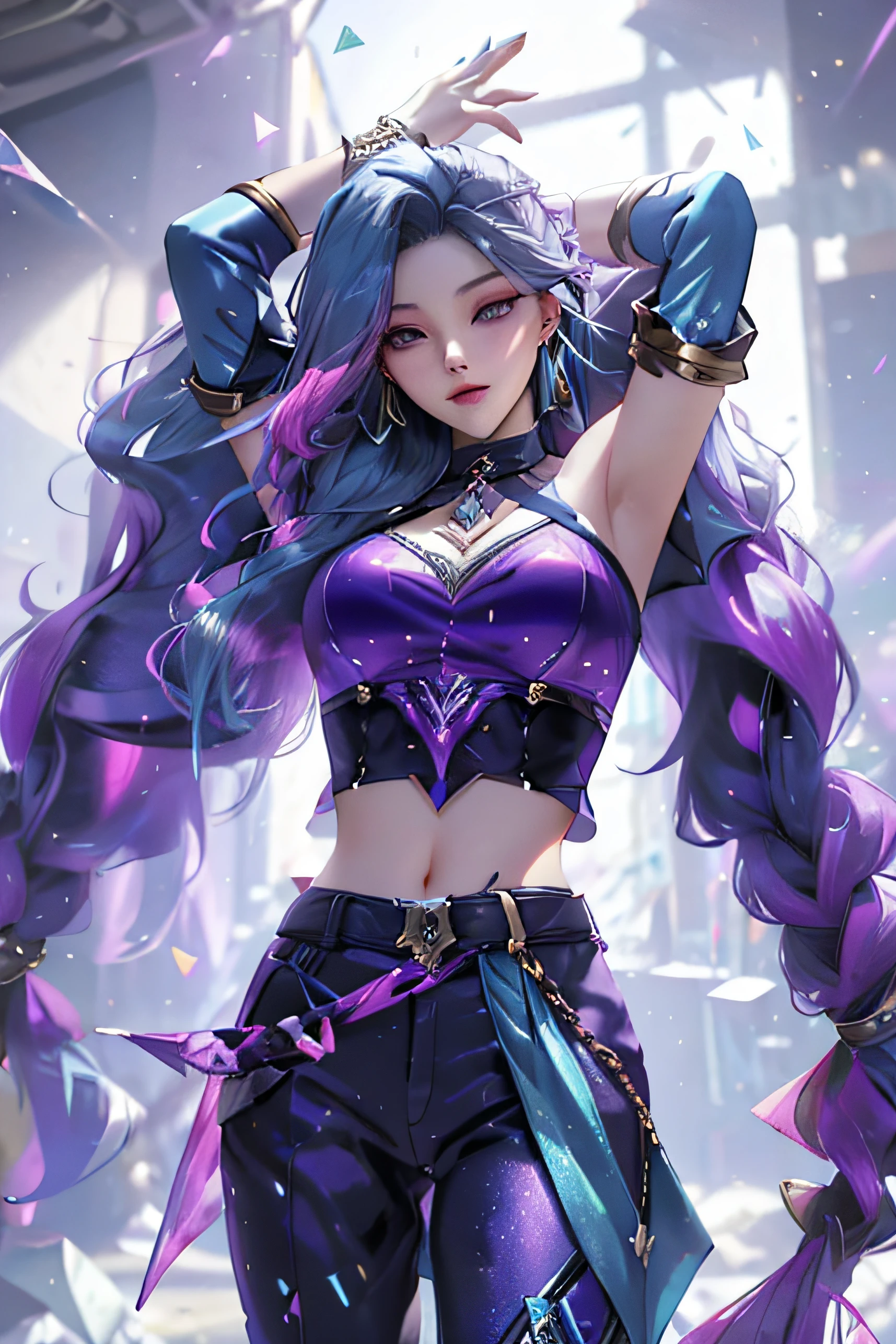 splash art, arena of valor, league of legend art, k/da kaisa, hand in the air, 4k wallpaper, best quality, 1girl, solo, long hair, blue hair, purple hair, looking at viewer,  multicolored hair, earrings, detached sleeves, midriff, pants,  k/da \(league of legends\)