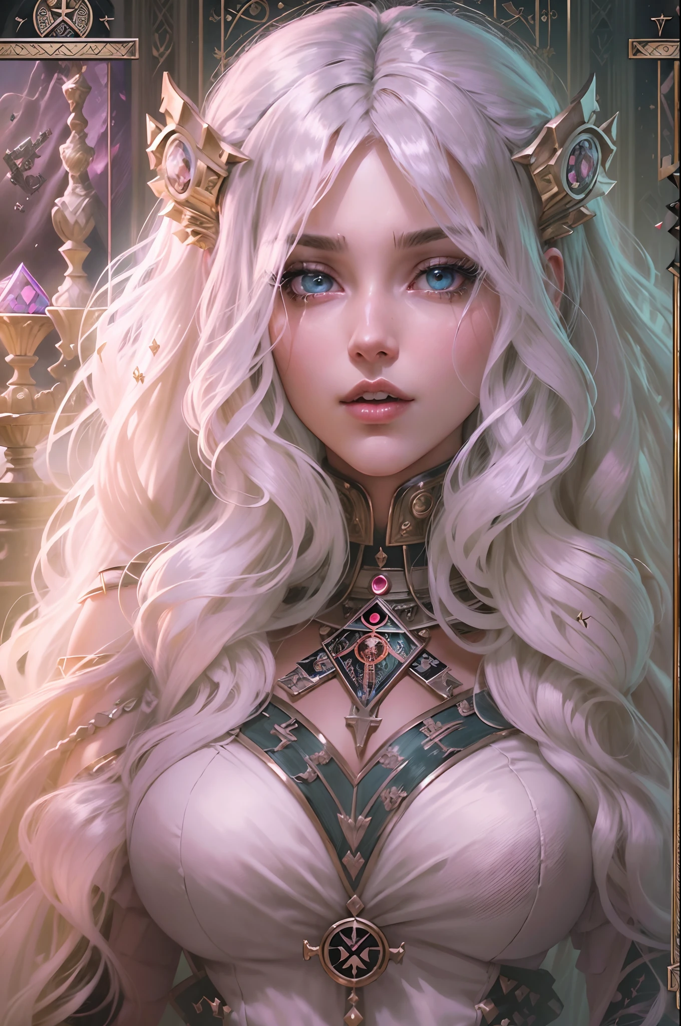 ((Best quality)) , ((Masterpiece)) , (Detailed) , Detailed, Award-Awarded,  1womanl, Platinum hairstyle, From inside [Supernatural:Giant:2] Asgard Palace, Centered on the horizon, visual novel, Grim, (((Tarot card illustration))), Key light, 80mm, Three colors, ((Moba style)), Silhouette, skin pore, ((Realistic and detailed)), absurderes, extremely hyper aesthetic, 8K resolution