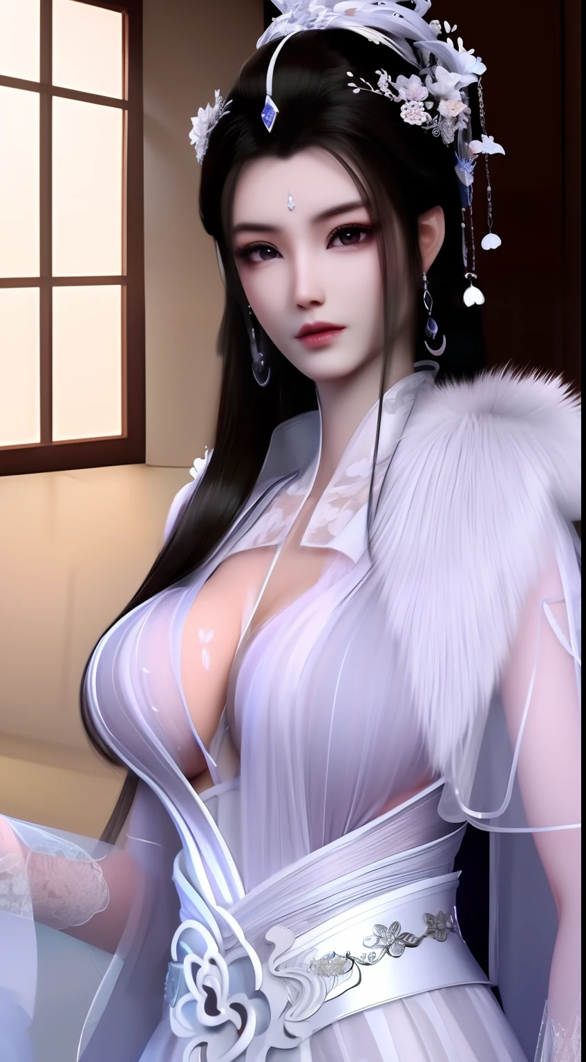 Yue Yao,Immaculate,cleavage,Round, Straight breasts,Big breasts Thin waist,Flat and smooth lower abdomen,Sheer tulle dress,inside in room,Beds