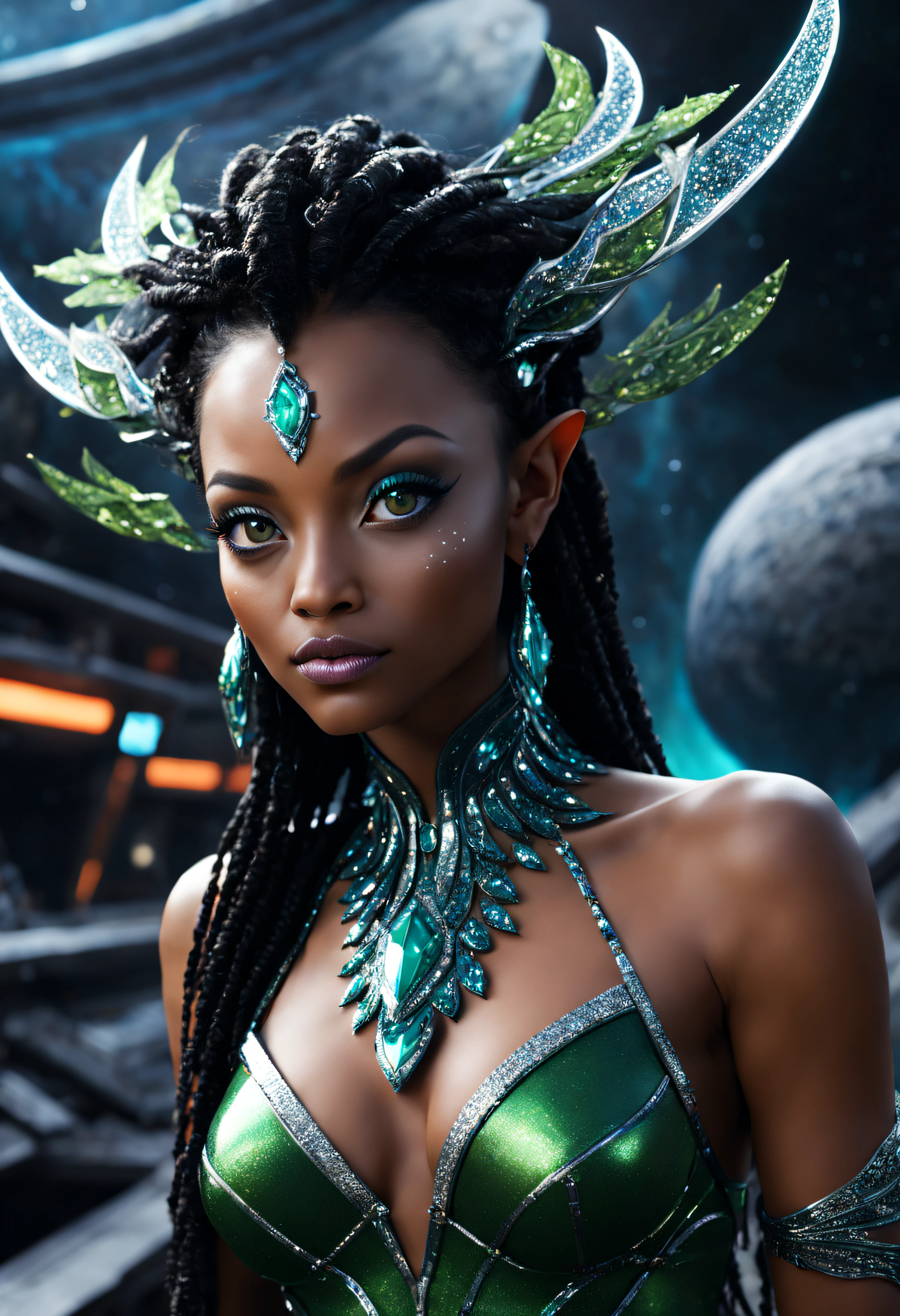 (naytiri de avatar), pelo negro largo enrizado, considerada como una de las razas mas bellas de la galaxia, con una cara, ojos verdes y labios sensuales, con vestido de noche , con incrustaciones de plata, piedras preciosas y diamantes, (se encuentra en centro de control de estacion espacial). hiperrealista, imagen nitida, 8k. imagen cinematografica.