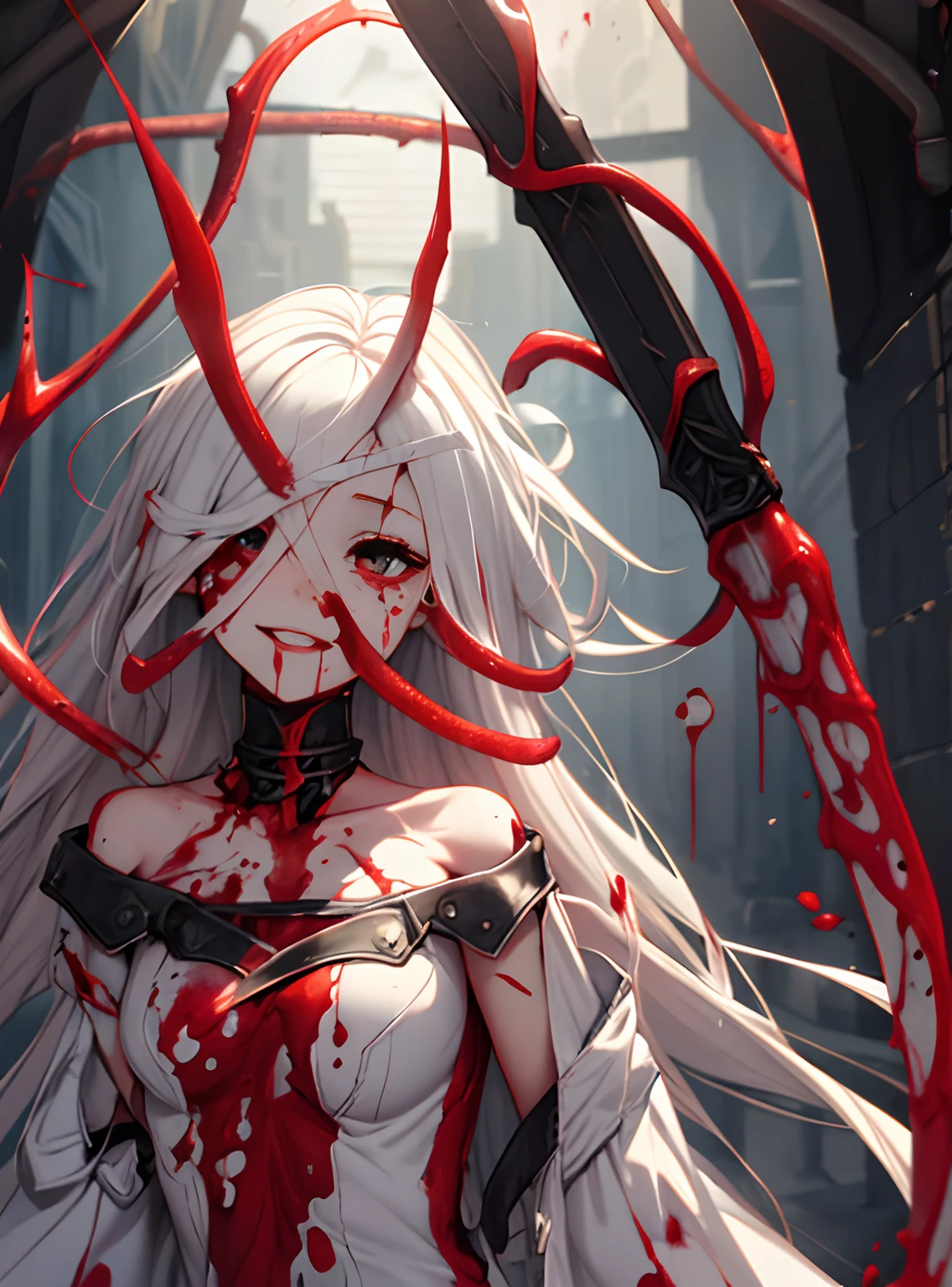 realisticlying、Dark Fantasy、Holding a huge sword1Man Woman、Missing right arm、(cut off、Blood drips)de pele branca、White rough long hair、White clothes(military outfits、blanche、Chunky fabric、Sleeved、Bloody:1.5)、Exposed shoulders、bleed、Stained red、severe bleeding(Cuts on the neck)、Smiling(Beautiful fece、canny、Hollow look)、Parted lips、Bleeding from the mouth、The right eye is hidden、Bandage wrapped around the face、Red blood streaks(tentaculata、Simple details、No protrusions、jumpy)