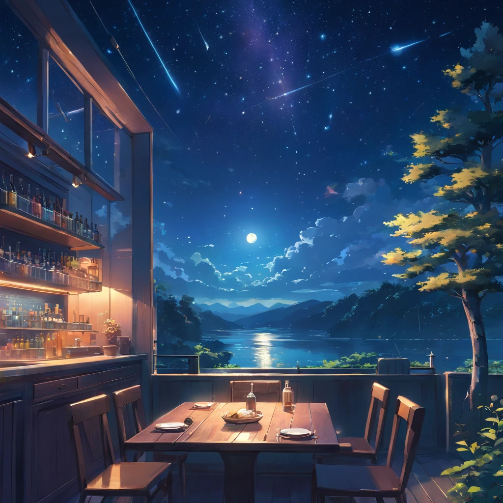 (An starry sky,the moon is the subject, in a bottle), atmospheric oliva lighting, on the table, 4k UHD, dark vibes, hyper detailed, vibrant colours forest background, epic composition, octane render, sharp focus, high resolution isometric