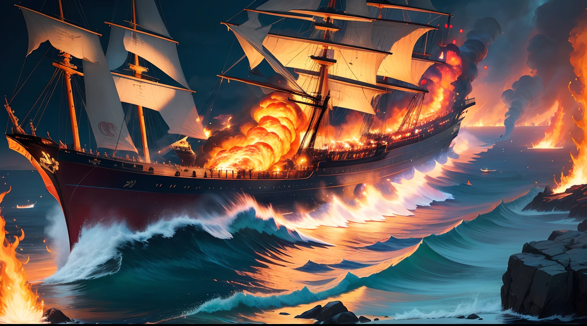 ship on fire with a fireman saving it arm tattoo sleeve