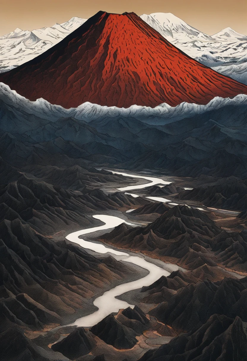 Katsushika Hokusai,Close-up shot,Aerial view,Dramaticlight,Erupting lava,Dante Peak,volcanoes