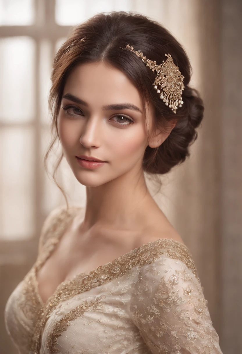 (Masterpiece), Realistic, (27-year-old female), beatiful face, studio lightning, cinematiclight, a handsome female, Beautiful black eyes, Milky Beige Medium Hair Color, perfect anatomy, Very sweet smile, princess eyes , (Black Eyes), (Head Frame), centre image, style of, bioluminic, 8 life size, 8K resolution, human hands, Curiously complete, elegant, close to perfection, dynamic, Highly detailed, Character Sheet, Concept art, Smooth, are arranged as follows, so that their bodies are symmetrical and balanced directly in relation to the viewer, Amazing unbelievably beautiful Indian girl in her 20s, detailed hairstyles, full-length portrait