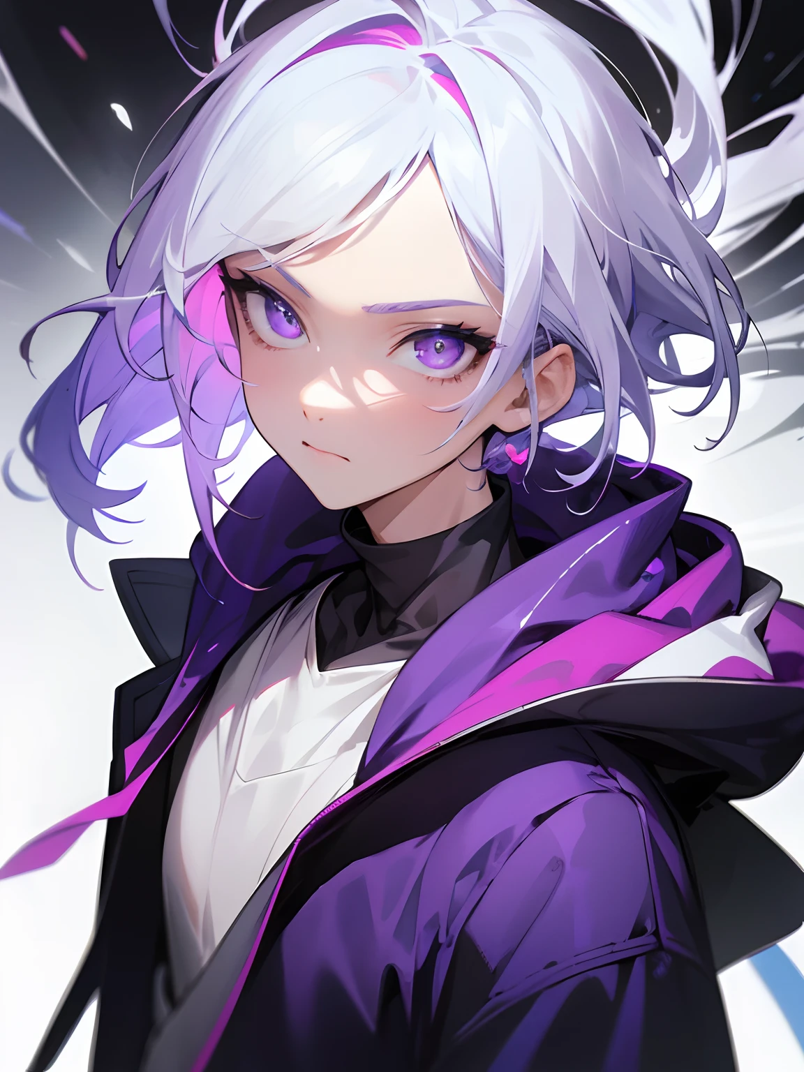 (masterpiece), best quality, expressive eyes, perfect face, ultra hd, super high definition, super high quality, no imperfections, pinnacle of all art, mind boggling, hyper detailed, super detailed, super splendid, super perfect, hyper perfect, very detailed, very eye pleasing, 8k super resolution, very brilliant art, Boy with white hair purple glowing radiant eyes wearing a stylish fashion hoodie