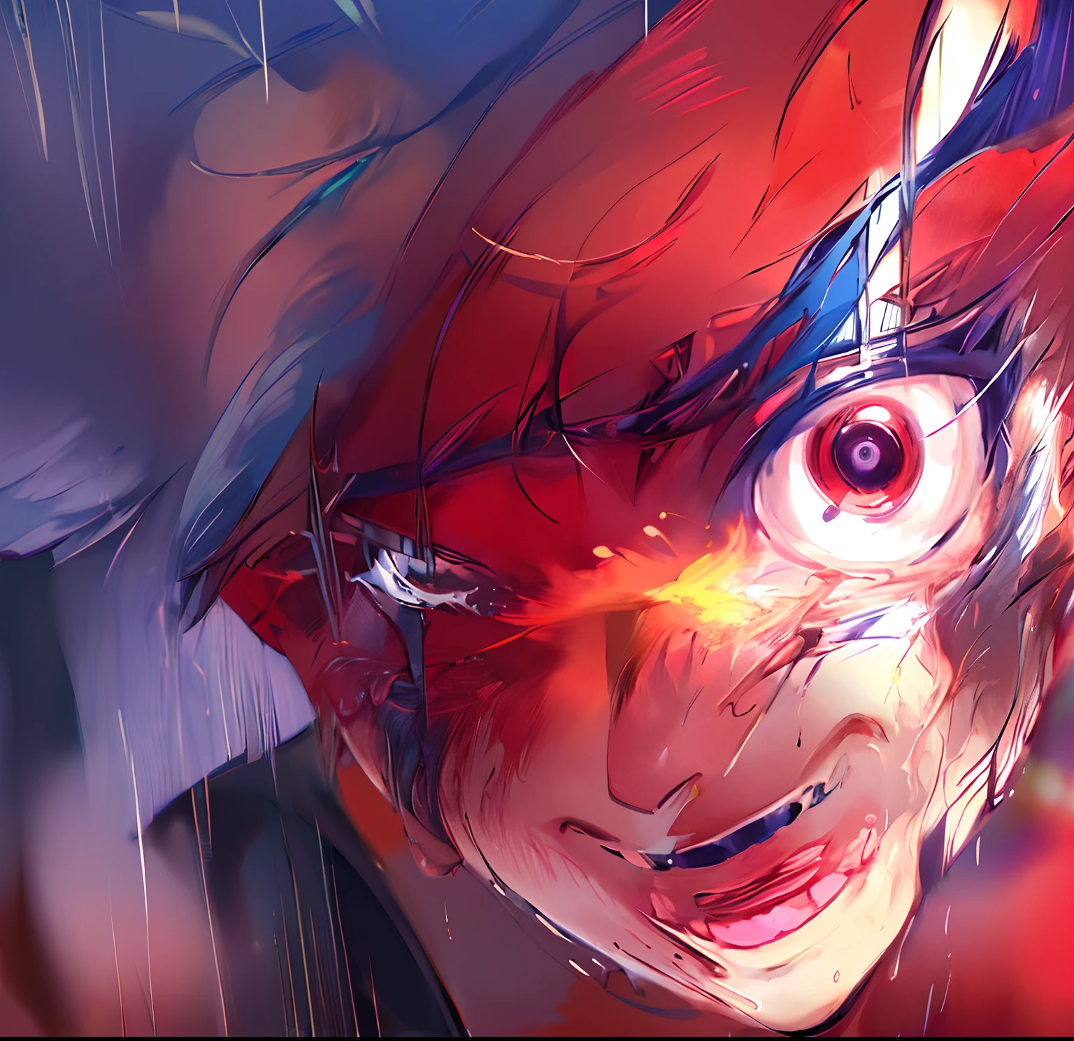 um close up de uma pessoa com um rosto assustador e um sorriso assustador, junji ito 4 mil, 4 k manga wallpaper, Arte digital escura, mas detalhada, horror manga, cara de anime raivoso altamente detalhado, Nota de falecimento, Anime Wallaper, tokyo ghoul, large eyes and menacing smile, Estilo Death Note, intense demonic look in the eyes, kaneki ken