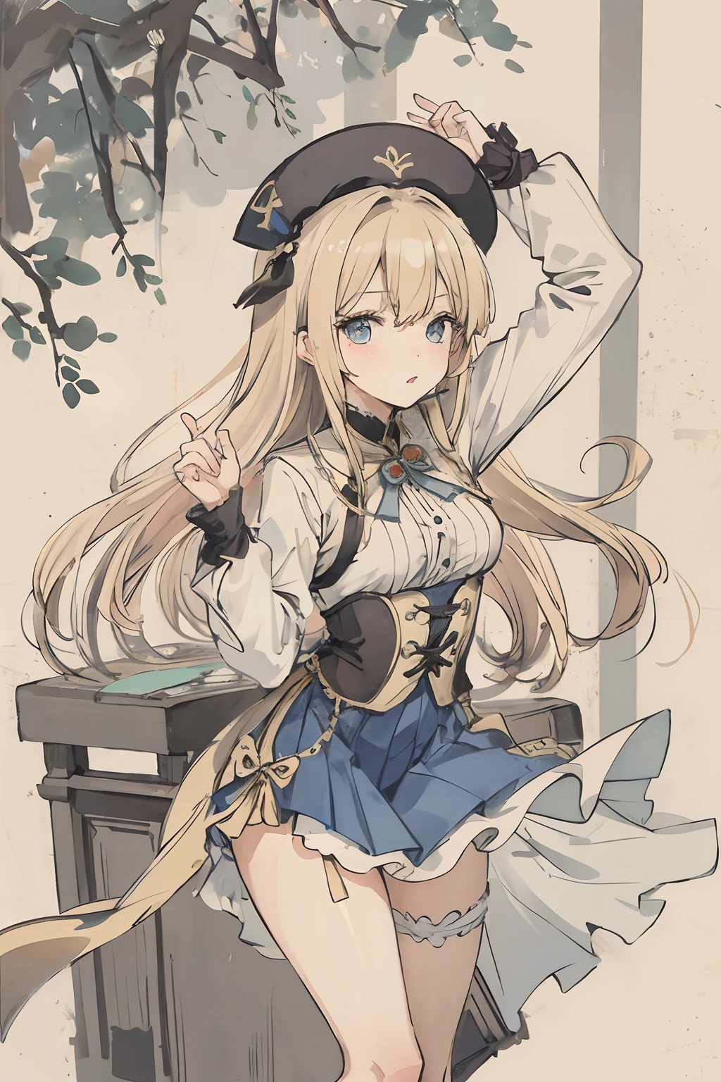 sparrow, blonde hair, , stocking, blue eyes, long hair, girl medium breasts, skirt, villager dress