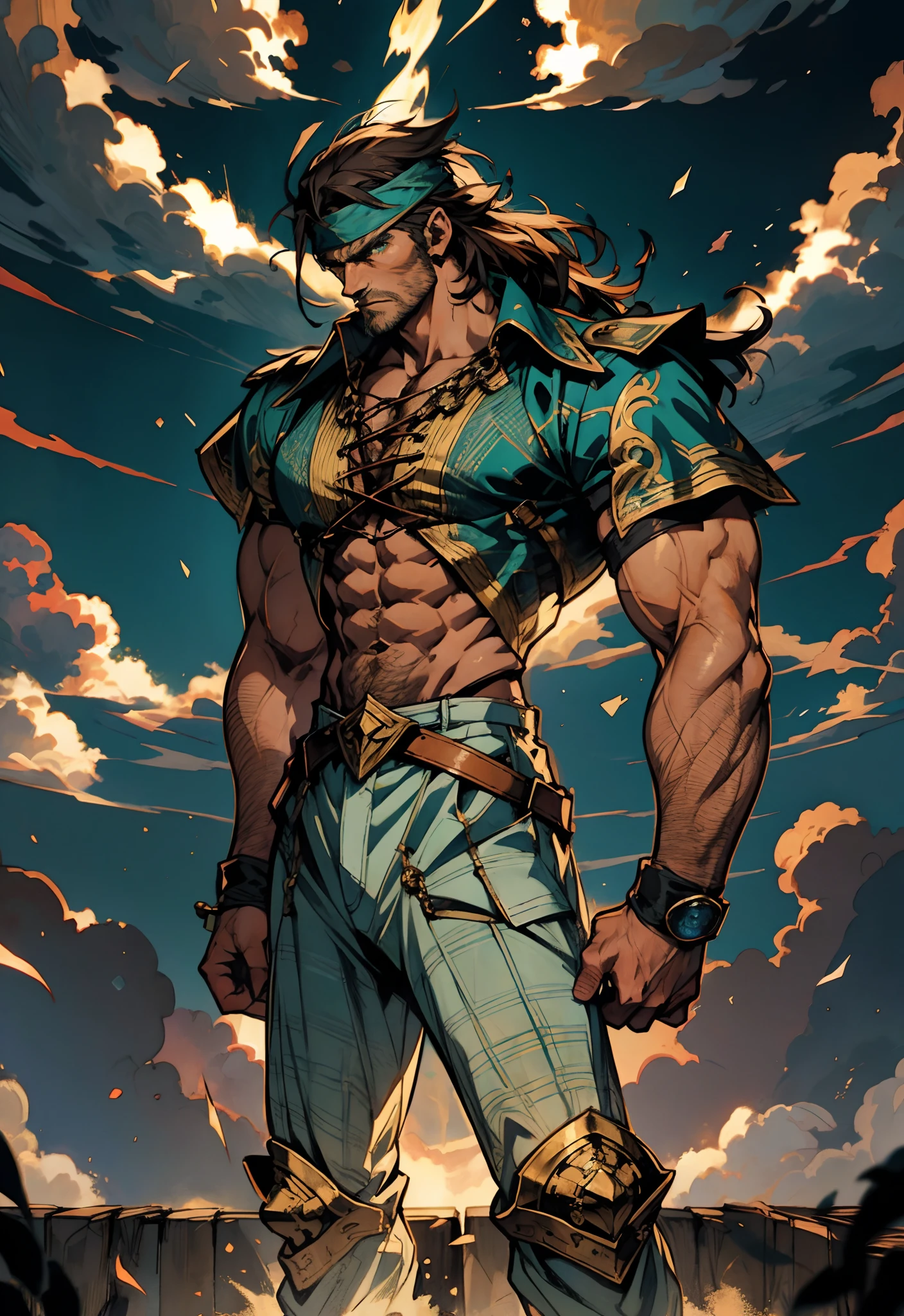 A middle-aged man, dark green long hair, wildly disheveled and exaggerated hairstyle, a headband, no eyebrows, a stern gaze, a well-defined facial structure, a tall and muscular physique, a fantasy-realistic style outfit, only a half-length windbreaker coat, sleeveless, revealing sturdy abdominal muscles, wearing wrist guards, matching trousers with the outfit, standing like a deity, dark clouds gathering in the sky, flashes of lightning and thunder, wild winds swirling around, this character embodies a finely crafted fantasy-style wild overlord in anime style, characterized by an exquisite and mature manga illustration art style, high definition, best quality, highres, ultra-detailed, ultra-fine painting, extremely delicate, professional, anatomically correct, symmetrical face, extremely detailed eyes and face, high quality eyes, creativity, RAW photo, UHD, 8k, Natural light, cinematic lighting, masterpiece-anatomy-perfect, masterpiece:1.5
