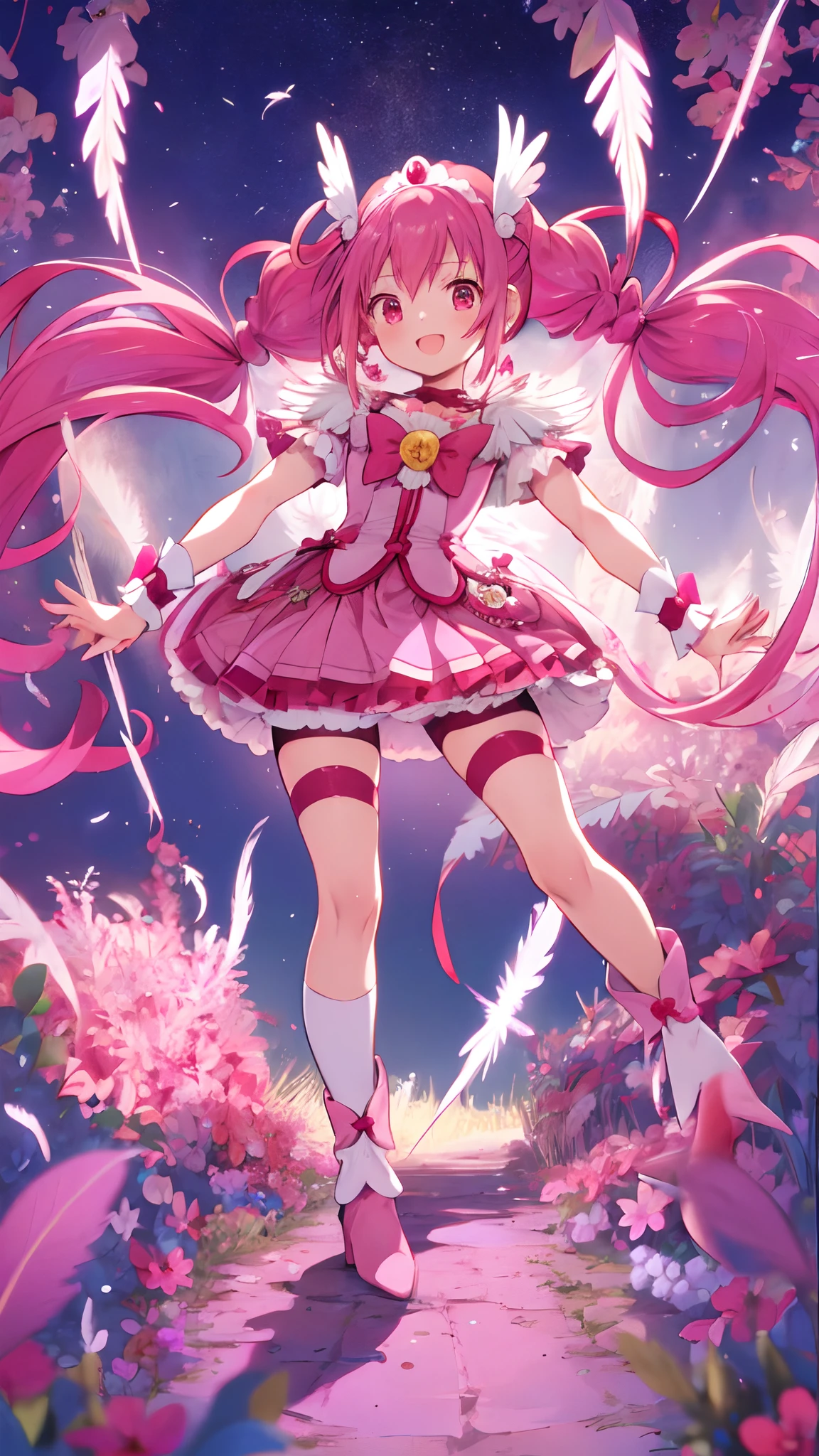 masutepiece, Best Quality, up looking_で_viewer, Depth_in the_field, Smile, From below, 
1girl in, Cure Happy, low twintails, feathers hair ornament, Skirt, tiarra, Wrist cuffs, Pink shorts, Shorts under skirt,1Girl,