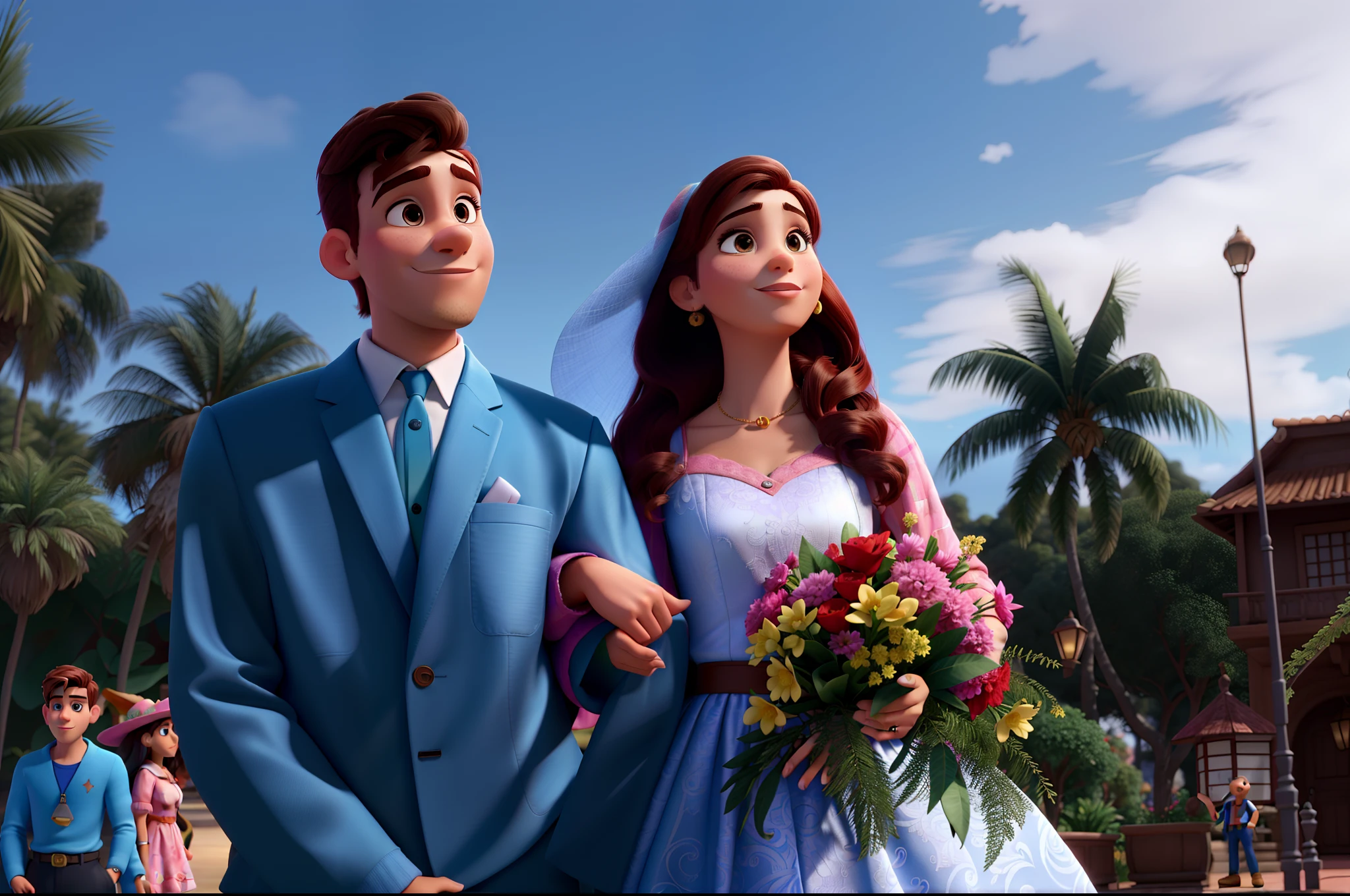Casal (homem moreno e mulher branca) no estilo Disney Pixar, alta qualidade, melhor qualidade.