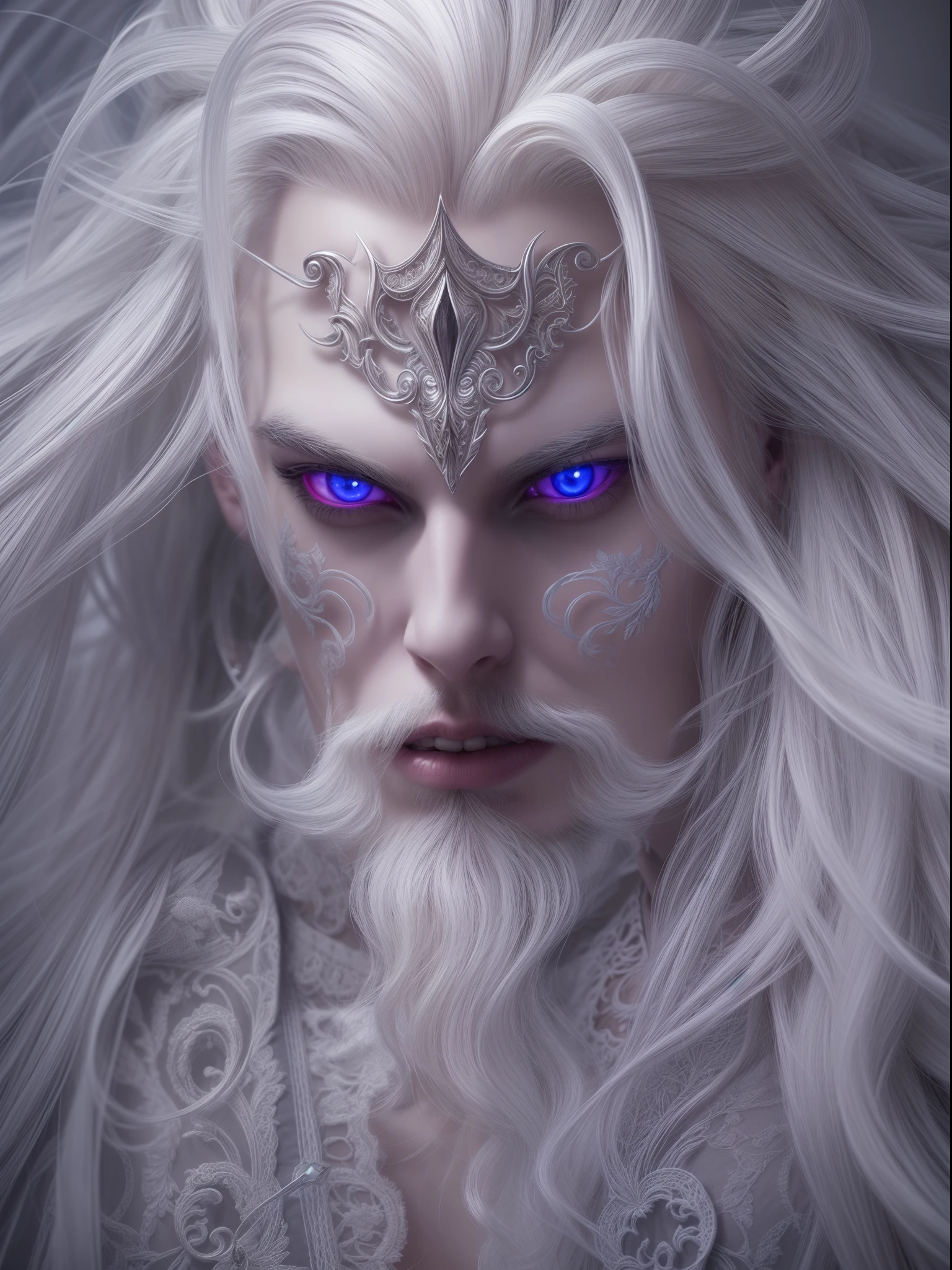 Insanely detailed photograph of a gorgeous vampire man, goth Renaissance, long voluminous white hair, intricate white eyes, fantastical, vampire, ethereal, hyperdetailed, 32k resolution, dynamic lighting, hyperdetailed, intricately detailed, trending on Artstation, triadic colors, volumetric lighting, BalenciagaStyle