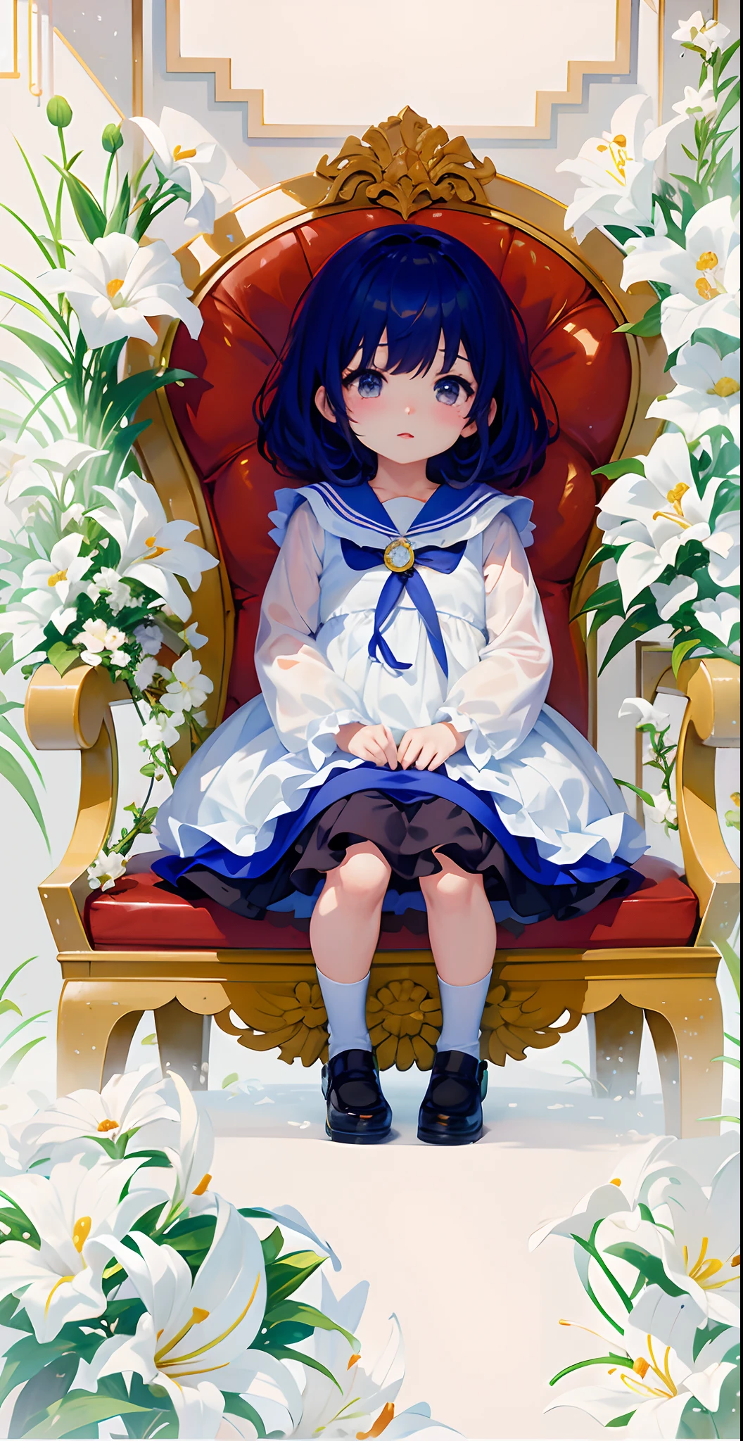 anime sentada em uma cadeira vermelha com flores brancas, anime moe artstyle, visual anime de uma meninao, menina pequei, anime illuston, arte oficial, Loli, small curvy lolite oficial do animenina anime jovem, menina aniito, Guweiz em Pixivation, sentada em seu trono, arte de anime limpa e detalhada, Arte Oficial