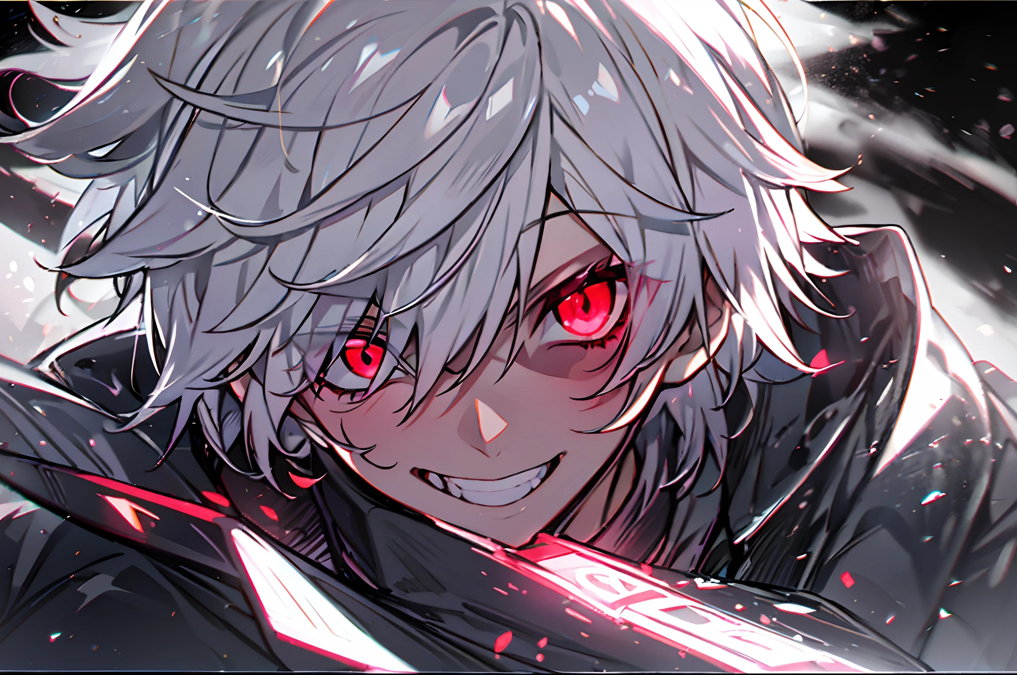 hight resolution,close range、Anime boy with white hair and red eyes staring at camera, Glowing red eyes,slim, dressed in a black outfit,Shadow Body,de pele branca,monochromes,hair messy,Aggressive smile、Diagonal angle