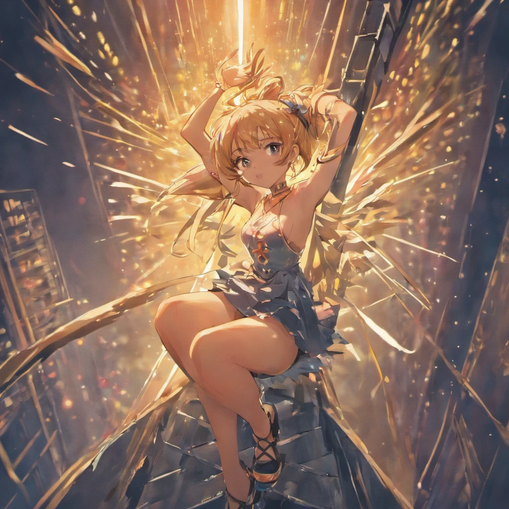 full body young girl, sexy, miniskirt, see through, sitting on top of a hard straight pole