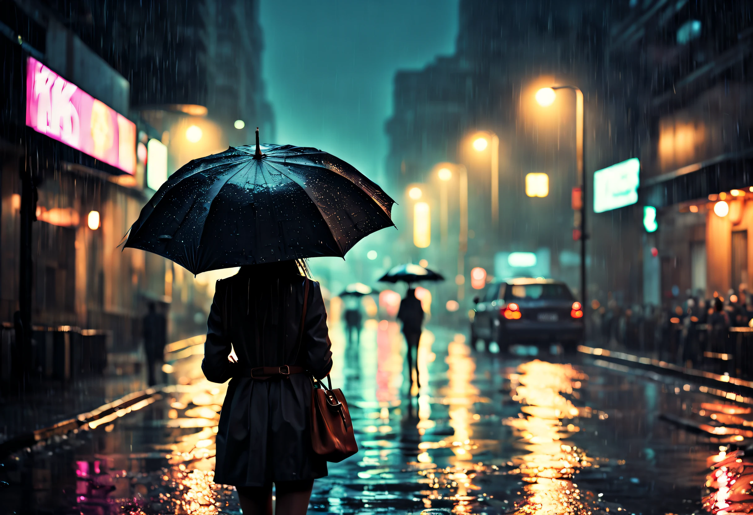 a girl standing under a dripping umbrella in a dimly lit street,raindrops glistening on the wet pavement,warm glow emanating from the street lights,reflections of neon signs in the puddles,people hurrying with umbrellas, the sound of raindrops hitting the umbrella, wet leaves scattered on the ground, misty atmosphere, the girl's silhouette highlighted by the street lights, rainy cityscape at night, cinematic and moody lighting, dramatic contrast between light and dark, a sense of mystery and solitude, wet and shiny textures, cool and desaturated color palette, impressionistic and dreamy art style. (best quality, 4k, ultra-detailed, realistic:1.37), rainy night, cityscape, cinematic lighting, wet textures, moody atmosphere, impressionistic art style