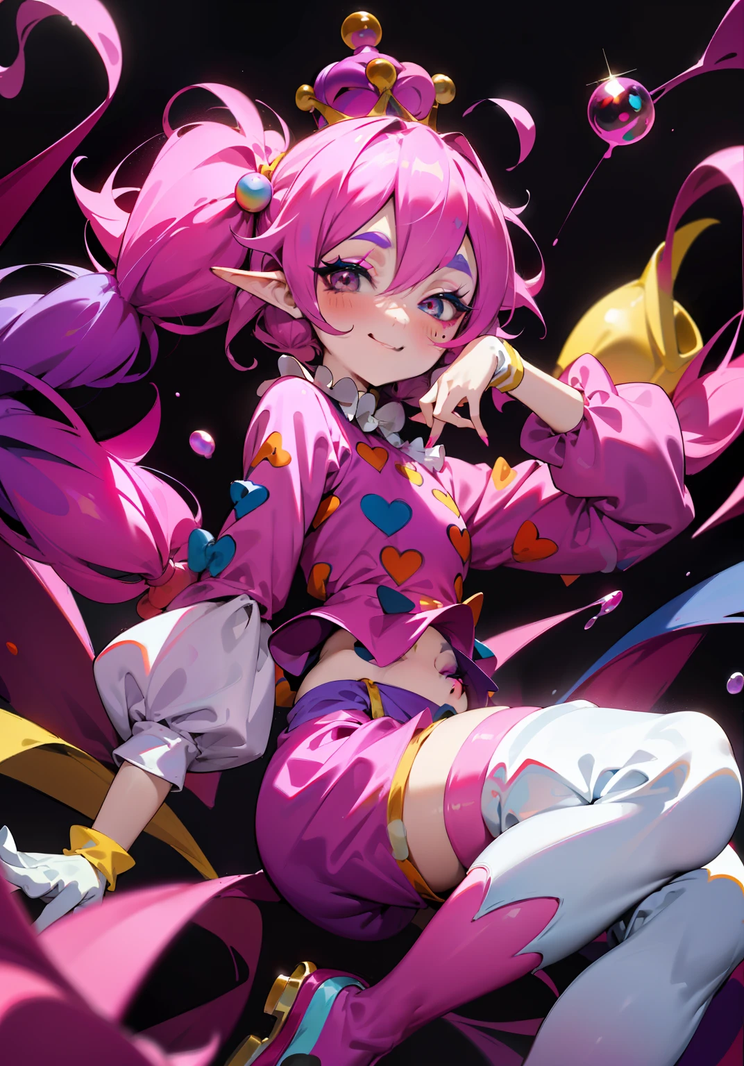 1GIRL, insane girl in long pink hair, crown, princess bubblegum style, chess mater, chess theme, finely detailed, (best quality), (intricate details), cute style, li, jester style, multicolored, ((long pink messiest hair in pigtails)), best quality, ((long sleeve shirt and shorts)), ((red and white clothes)), ((jester style clothes)), ((thigh high socks)), ((round eyes)), ((has jester makeup)), beautiful face, happy, cute face, pinup, perfect face, simple background portrait, clowh hear cards, bubble gums