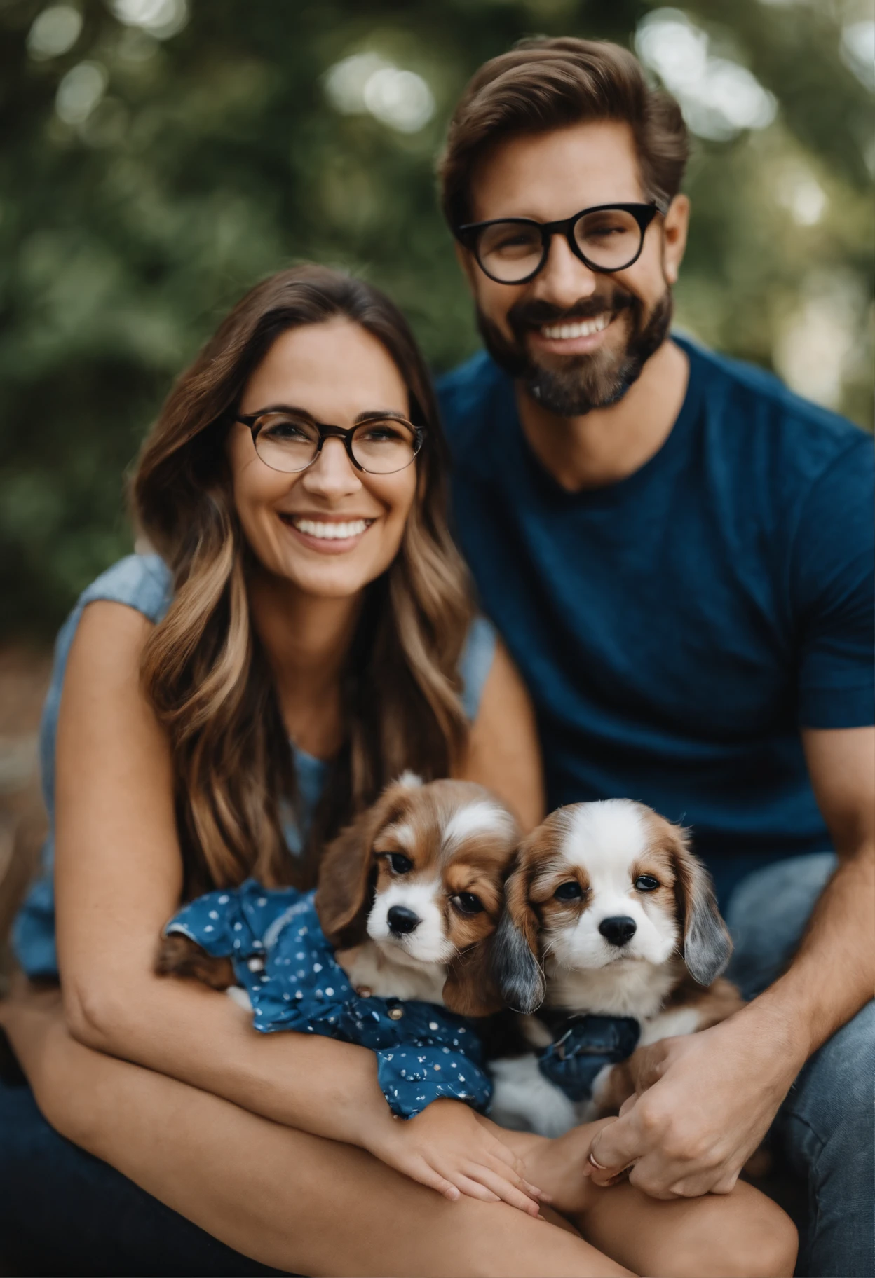 Pixar. Casal com um filhote de cachorro beagle marrom. A tem os cabelos loiros amarrados, Camiseta cinza e jeans claro, white glasses. O meninobelos pretos com cabelos grisalhos, barba pequena, oculos, Dark blue jeans and gray t-shirt. They are both smiling and are 40 years old
