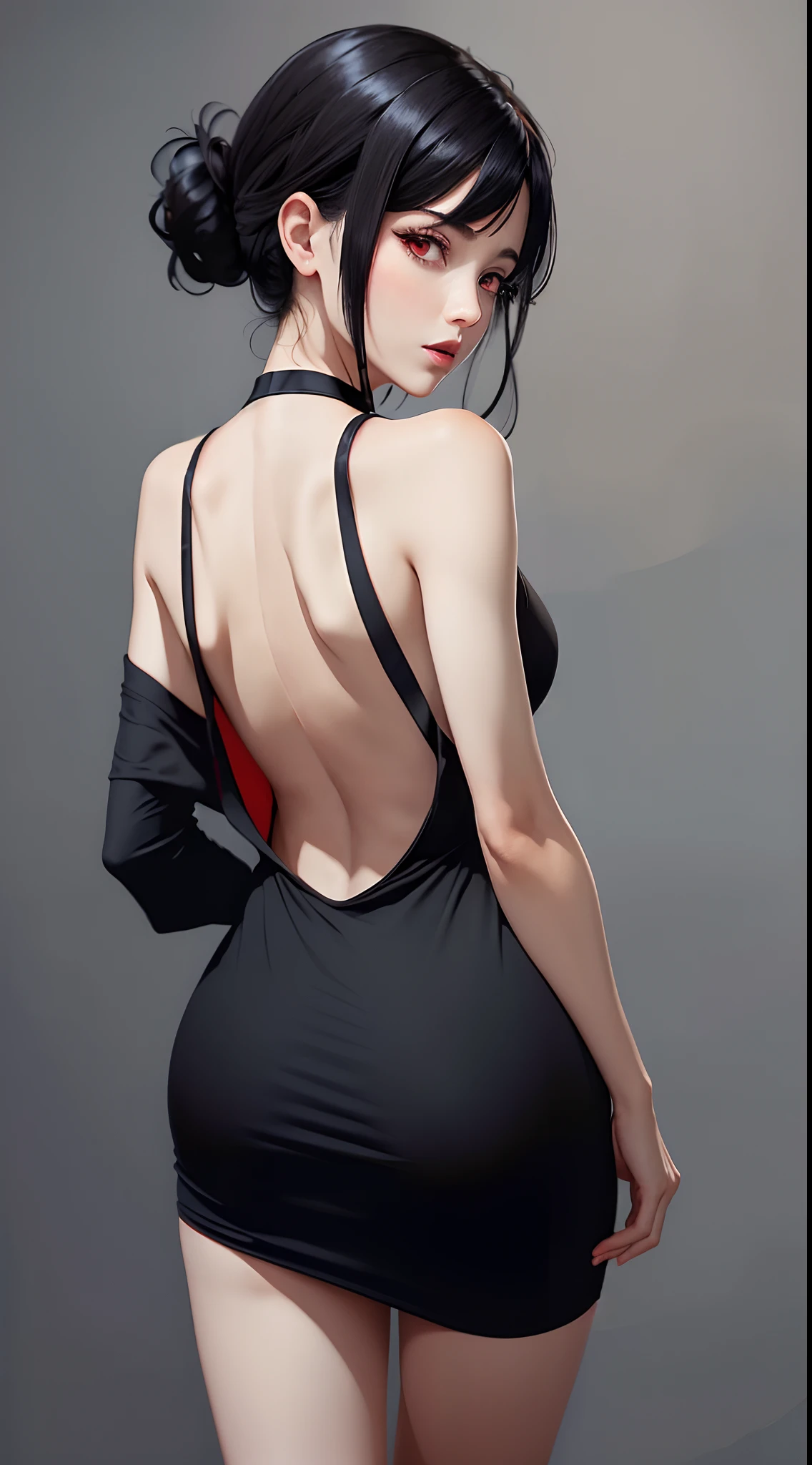backless dress, black hair, red eyes,