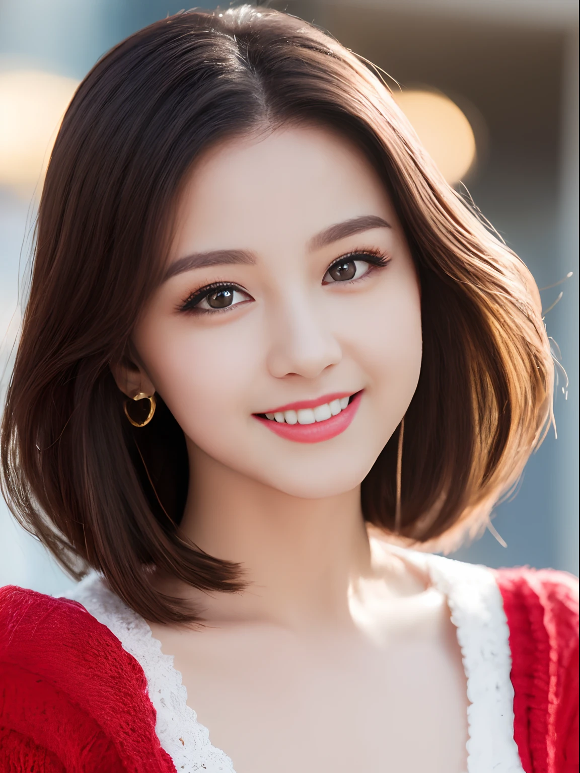 ((top-quality、8K、masterpiece:1.3))、extremely delicate and beautiful girl,realisticlying,Incredibly absurd,abstract art,From waist to shoulders,catch,extra detailed body,Short Black Hong Kong Style Hair,,Floating hair,light brown hair,Vitone Hair,beautiful fine hair,Exquisite and beautiful face,浅笑,Clear eyes, Black colored eyes,Neck_bow ribbon,frilld_Dress,beautiful and clear background,Beautiful sky,full bloom,very precise details,absurderes,extremely CG,((A sexy mature girl:1.5))、Thick lip、Crimson Lip Gloss、eye make up、((40 years:1.5))、Sweaters、Parisian café scene、Sunset sky、With smiling eyes