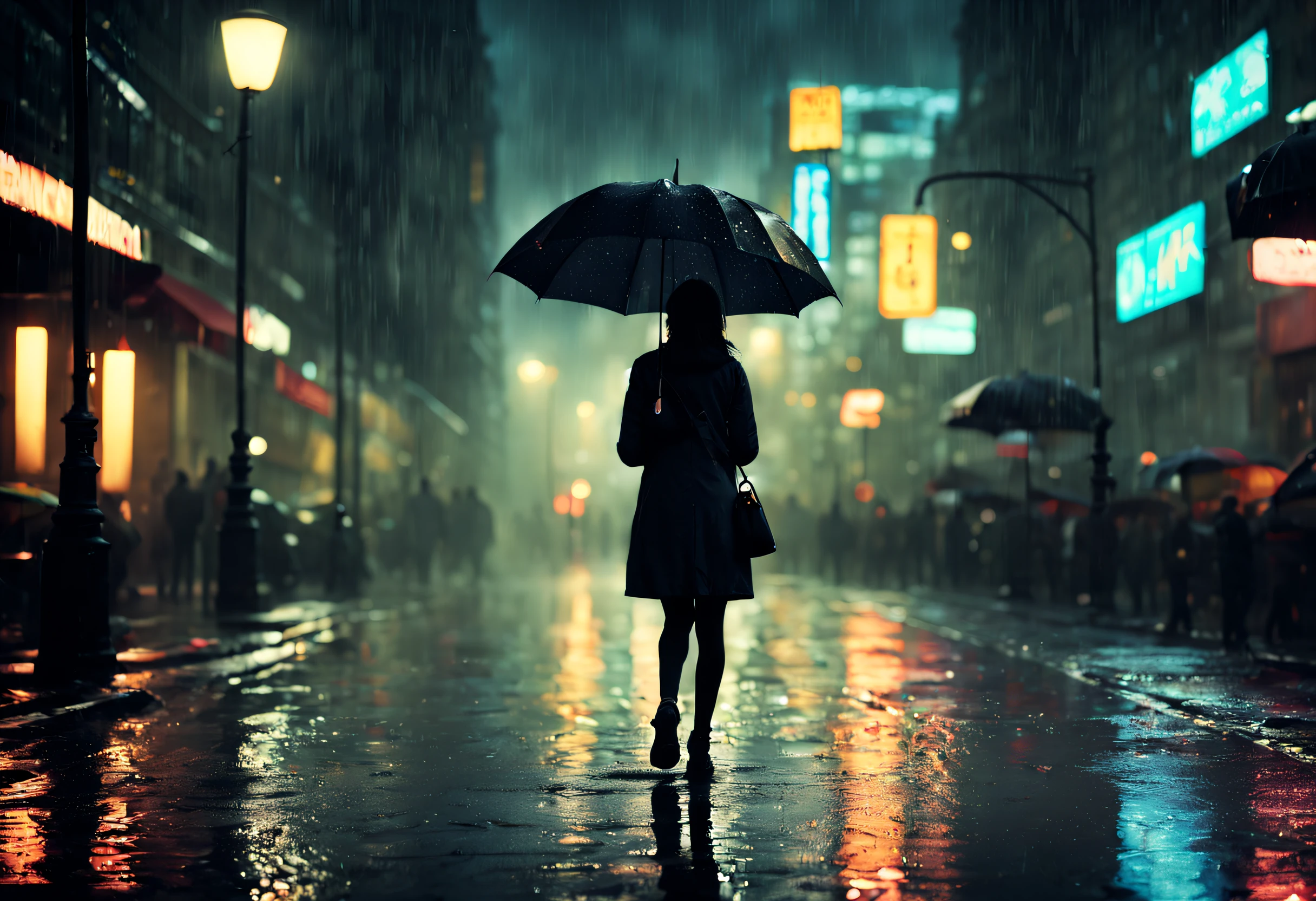a girl standing under a dripping umbrella in a dimly lit street,raindrops glistening on the wet pavement,warm glow emanating from the street lights,reflections of neon signs in the puddles,people hurrying with umbrellas, the sound of raindrops hitting the umbrella, wet leaves scattered on the ground, misty atmosphere, the girl's silhouette highlighted by the street lights, rainy cityscape at night, cinematic and moody lighting, dramatic contrast between light and dark, a sense of mystery and solitude, wet and shiny textures, cool and desaturated color palette, impressionistic and dreamy art style. (best quality, 4k, ultra-detailed, realistic:1.37), rainy night, cityscape, cinematic lighting, wet textures, moody atmosphere, impressionistic art style