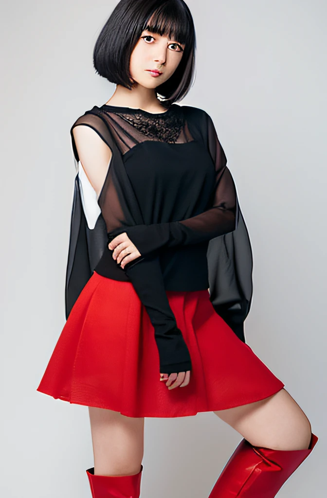 White plain background in studio. A villain played by a Japanese age actress (wavy bob, black hair), wearing a villain costume (black and red, sheer skirt, boots), standing.
