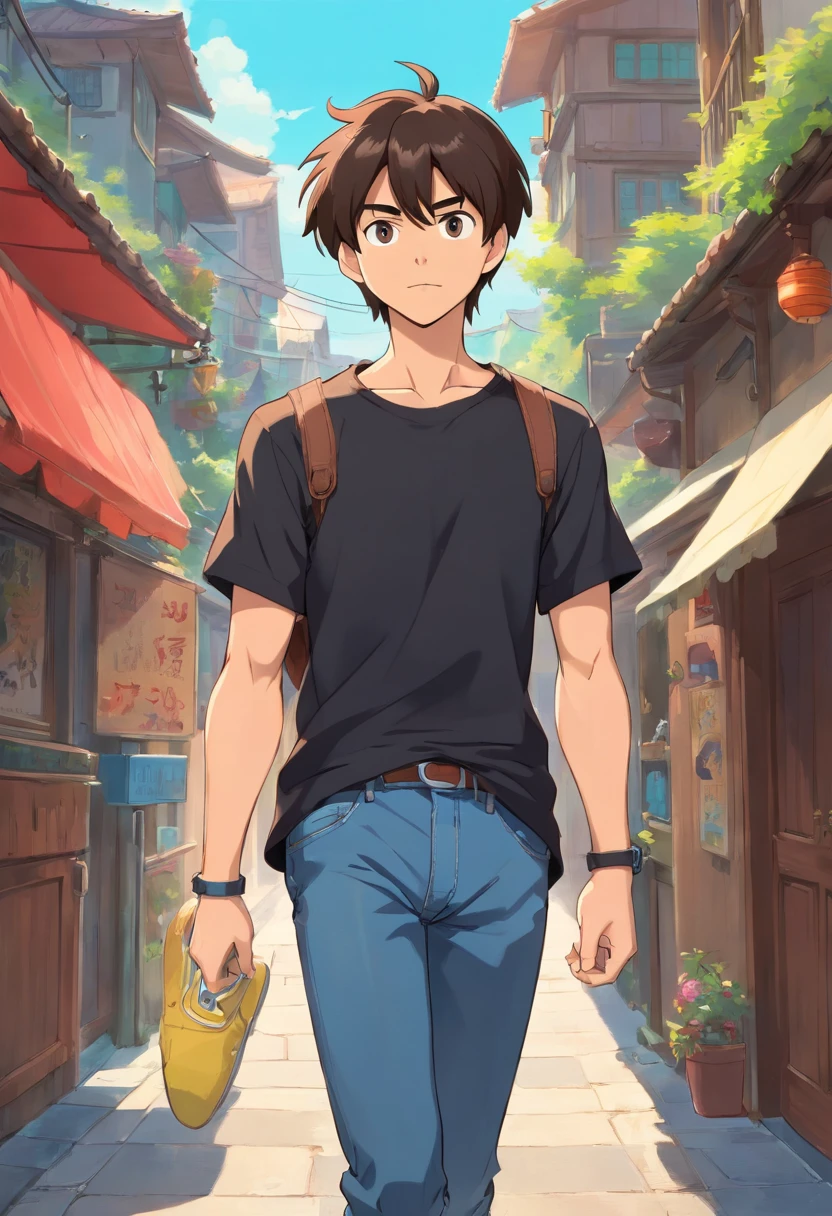 Brunette man of medium height, tall, short hair, latin features , Athletic physique with black t-shirt jeans and sneakers