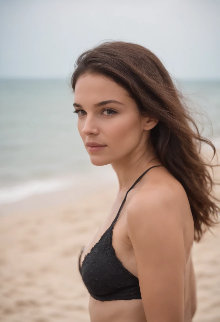 photo of a sexy looking girl sad in the beach, , bare breasted, topless, naked bottom, sky full of clouds, lightning in the clouds of the explosion, sadness, petite, Indian face, perfect body, perfect round medium size boobs, 12 years old, beautiful face, majestic, beautiful, goddess, incredible, fear and erotic expression on her face, long curly hair, storm, Complex position, big sky, realistic, detailed, masterpiece, extra film grain, professional lighting, professional photography, neutral colors, muted colors, natural lights, photo realistic, good composition, 4k, high definition
