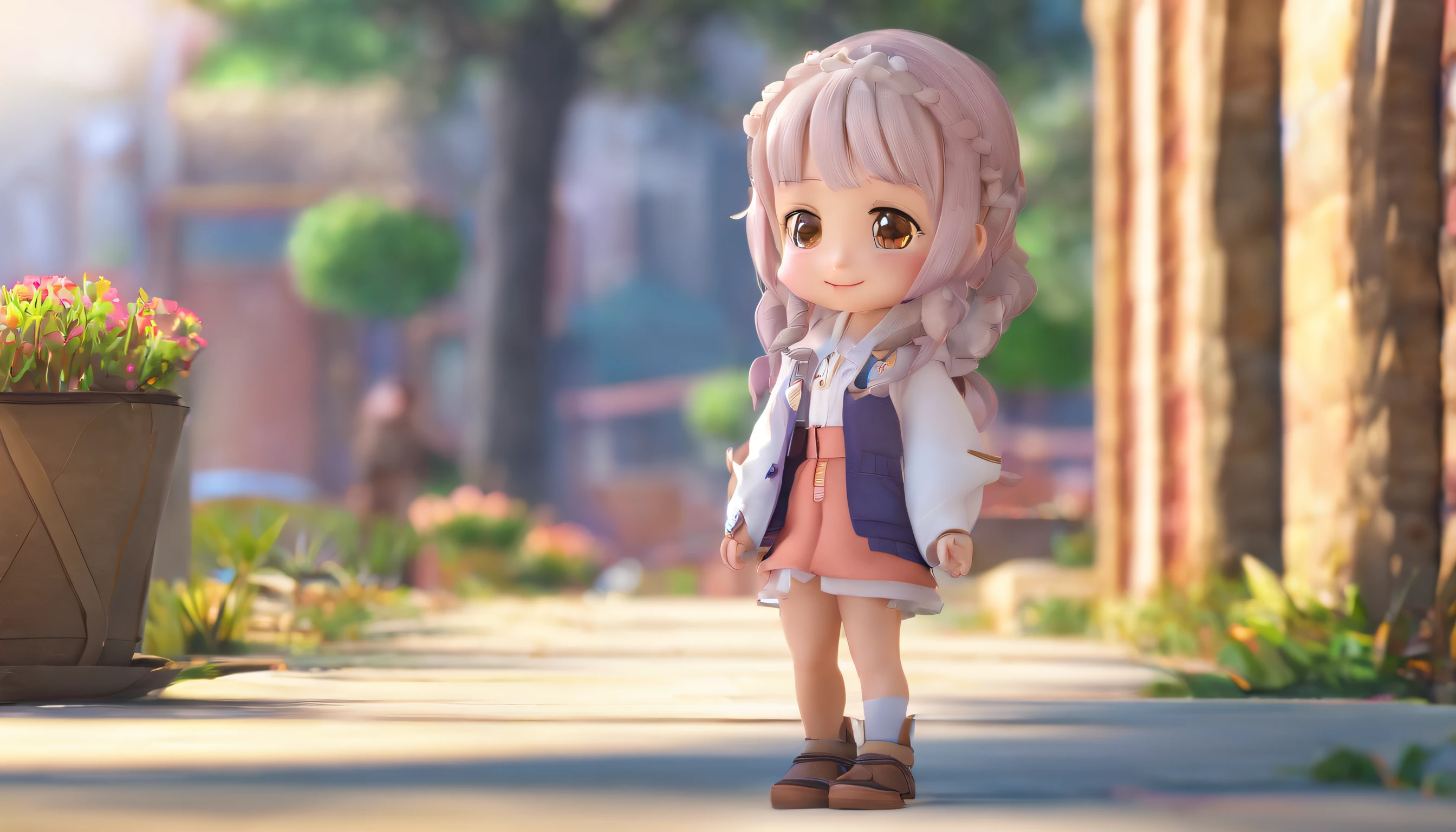 Cute Baby Chibi Anime,(((Super masterpiece、top-quality、ultra-detailliert、1 girl in、Chibi:1.5)))、Fashionable Chibi、fashion modell、Wearing a white shirt and gray long gilet,espadrilles、Fashionable city background、outside of house、The best smile、Looking at the camera,A detailed face、Dark skin、highdetailskin、White Sauvage Hair、(Chibi:1.4)、