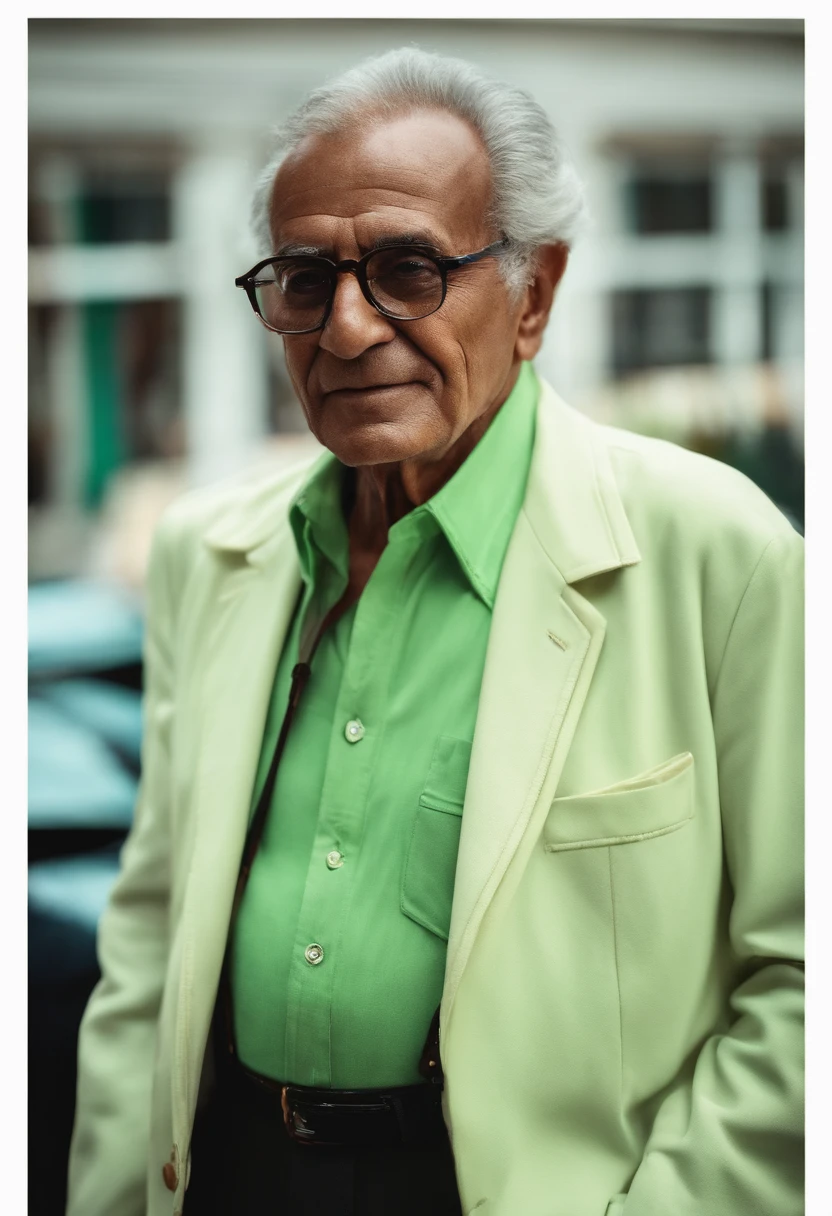 Homem de cabelos curto castanhos, de pele branca, 70 years old glasses with clear lenses, Light Green Long Morning Dress Shirt