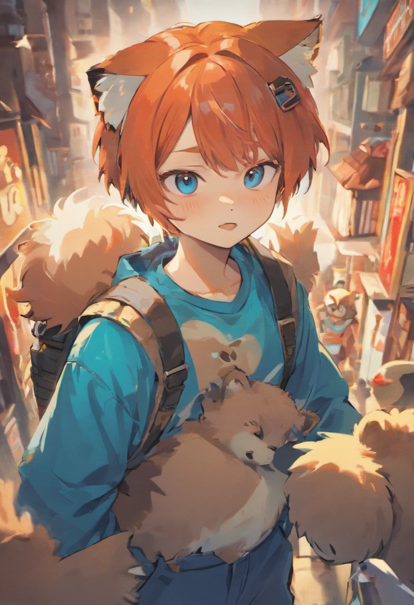 Red panda, light blue shirt, blue overalls, bandaid on cheek, Furry, male, (by evama animation) boy, anthropomorphic