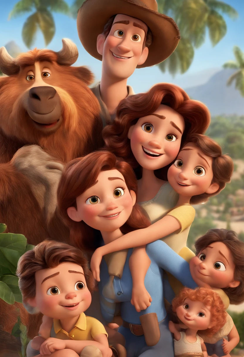 a Disney Pixar movie poster showing a white-skinned family. The father is the tallest, Tem barba curta, loiro, cabelos curtos e espinhosos. The mother has brown eyes and hair, shoulder-length and is slightly overweight. A tem 4 anos e cabelos castanhos, roupa rosa e rabos de cavalo. The background is a beach garden. 3D-rendering