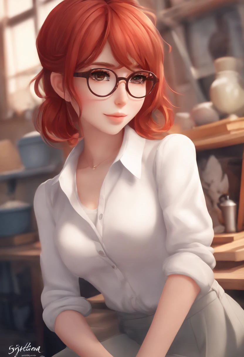 Anime girl with red hair and glasses in a white shirt, very detailed character, anime moe art style, render of april, sayori, made with anime painter studio, Stylized anime, anime stylized, anime styled 3d, Smooth Anime CG Art, realistic anime 3 d style, clean detailed anime style, Rin, painted in anime painter studio