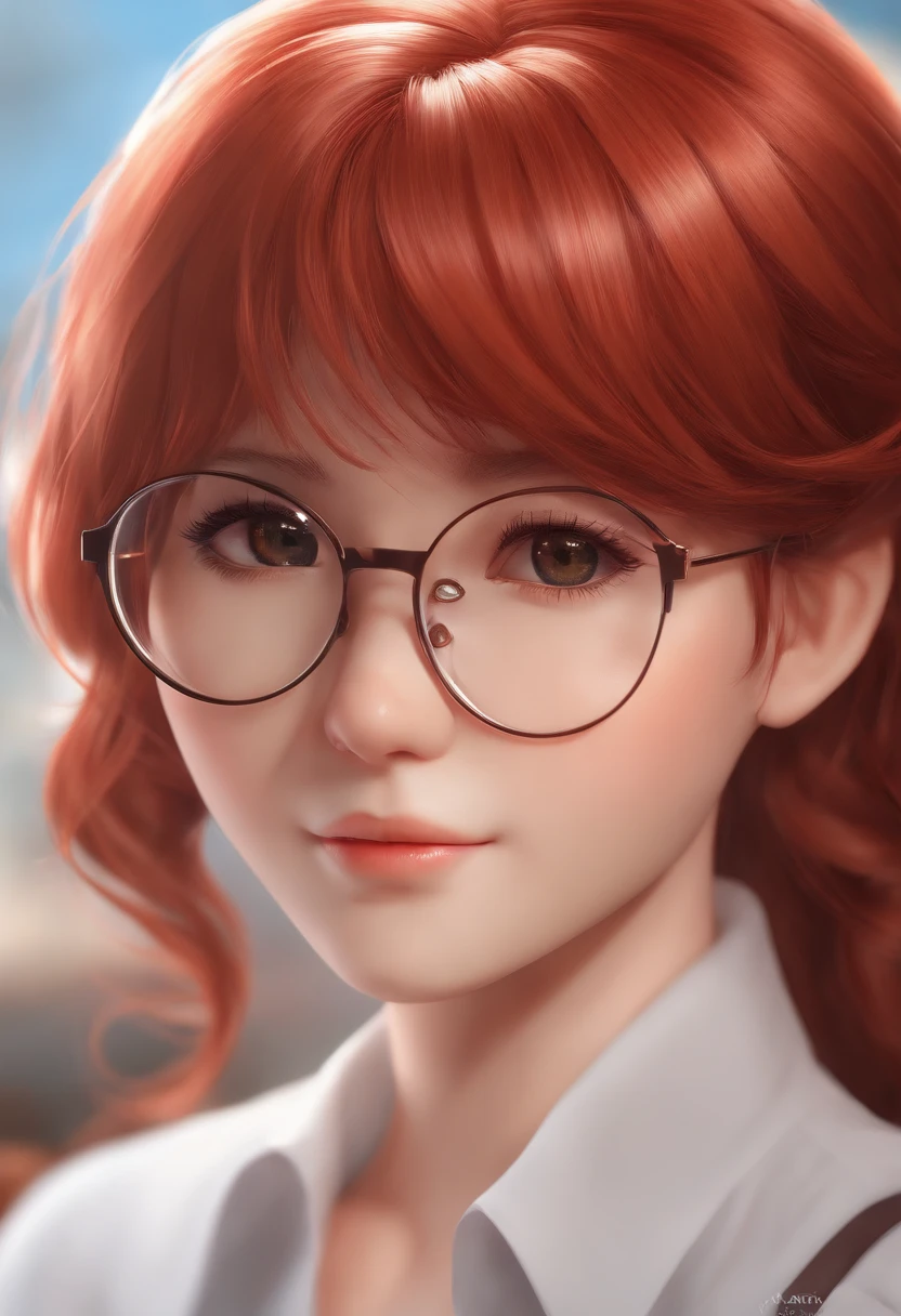 Anime girl with red hair and glasses in a white shirt, very detailed character, anime moe art style, render of april, sayori, made with anime painter studio, Stylized anime, anime stylized, anime styled 3d, Smooth Anime CG Art, realistic anime 3 d style, clean detailed anime style, Rin, painted in anime painter studio