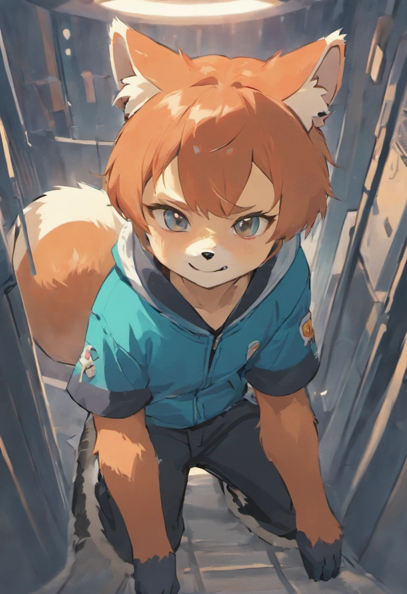 Red panda, light blue shirt, blue overalls, bandaid on cheek, Furry, male, (by evama animation) boy, anthropomorphic, non human, animal