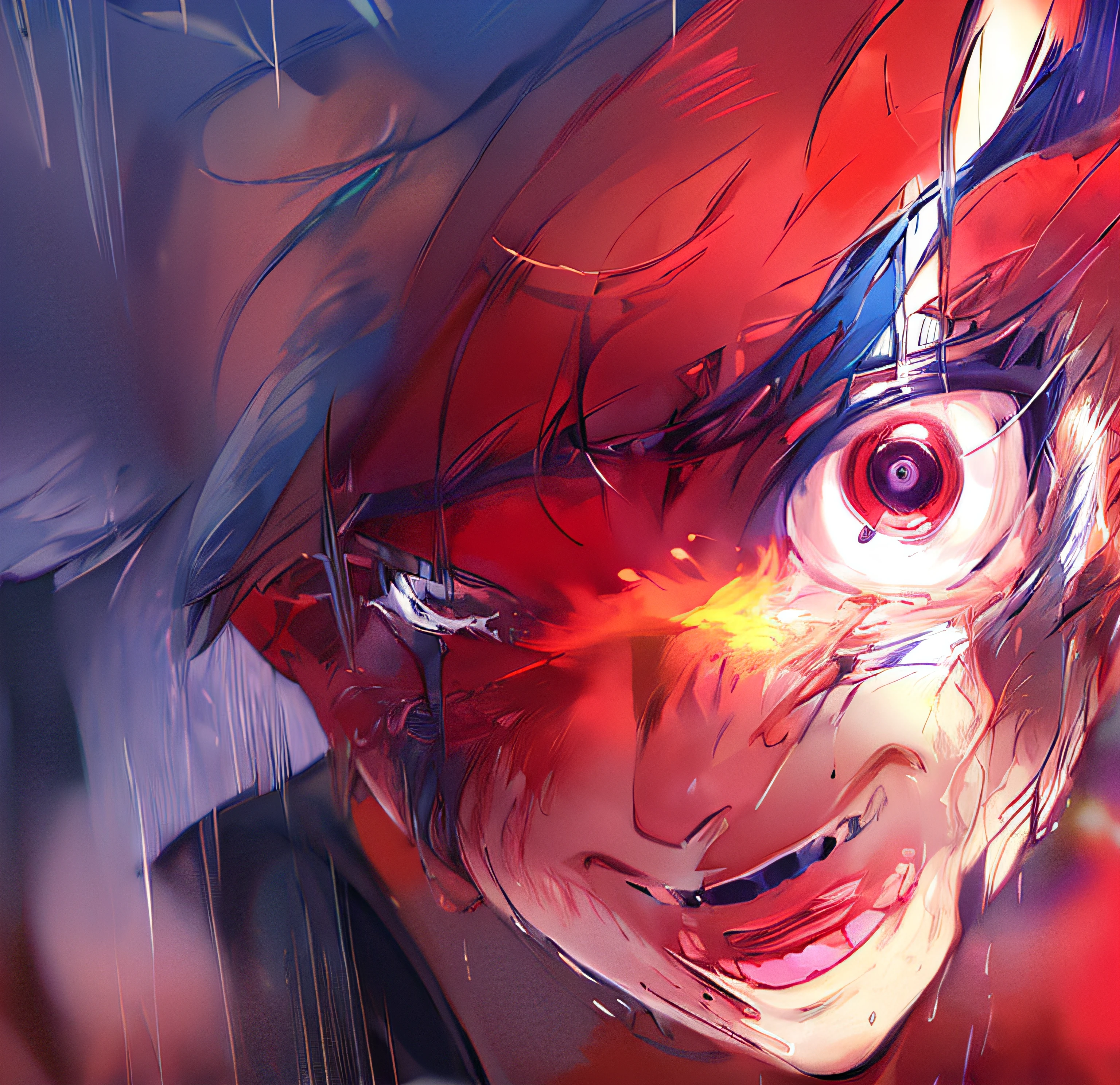 um close up de uma pessoa com um rosto assustador e um sorriso assustador, junji ito 4 mil, 4 k manga wallpaper, Arte digital escura, mas detalhada, horror manga, cara de anime raivoso altamente detalhado, Nota de falecimento, Anime Wallaper, tokyo ghoul, large eyes and menacing smile, Estilo Death Note, intense demonic look in the eyes, kaneki ken