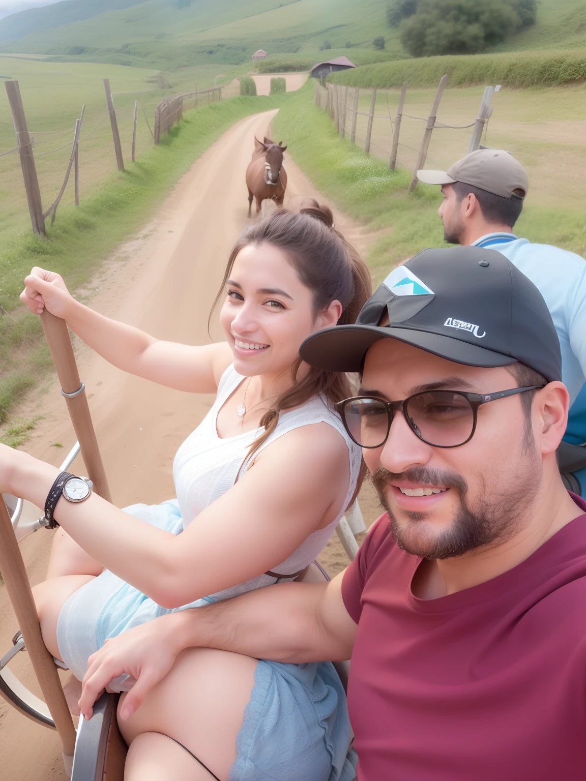 There are two people riding in a horse-drawn carriage, Viajando por longa estrada de terra, no campo, com cavalo conduzido, imagem de perfil, andrea rocha, divertindo-se, Directed by: Willian Murai, em uma fazenda, at an archaeological dig site, em um cavalo, Directed by: Nandor Soldier, Directed by: Caro Niederer, Directed by: Luis Miranda