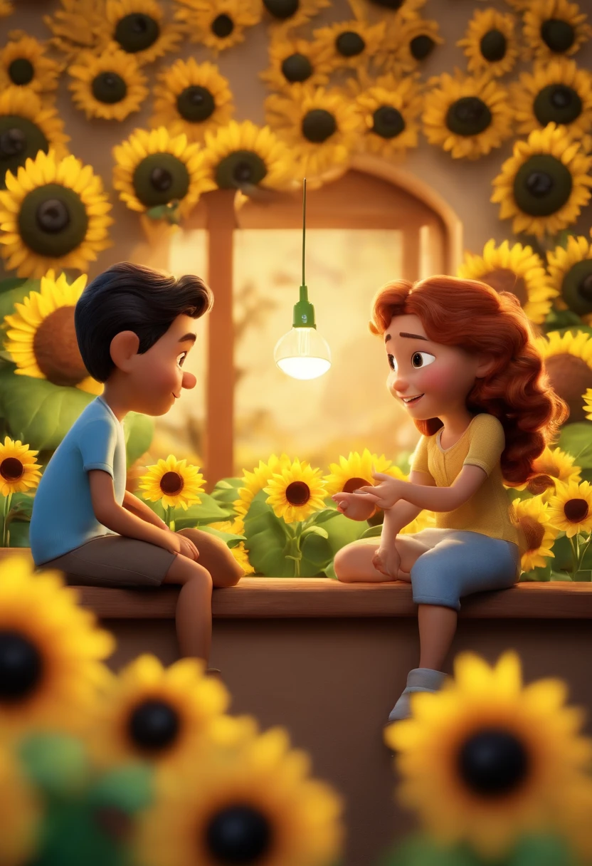 Create a Disney PIXAR-style 3D poster. ((centro da imagem, Triplets)), ((3 children)) ((1 menino no meio e 2 meninas ao lado, They're hugging each other, O menino tem pele castanha e cabelos castanhos escuros e olhos castanhos escuros, 1 menina tem pele clara, olhos e cabelos escuros e cacheados, e a outra menina tem pele morena, olhos escuros e cabelos escuros e lisos)) ((tudo isso no estilo Disney PIXAR 3D, In the background, A house of sunflowers, Gloria Studio, The garden is full of nature 3D render RTX clay material, estilo de design cartunesco, POP Mart, soft lighting, linhas suaves, Spring tilt, Detailed illustrations of PIXAR 3D, Detalhes hiper-realistas, cor quente no estilo Disney PIXAR 3D))