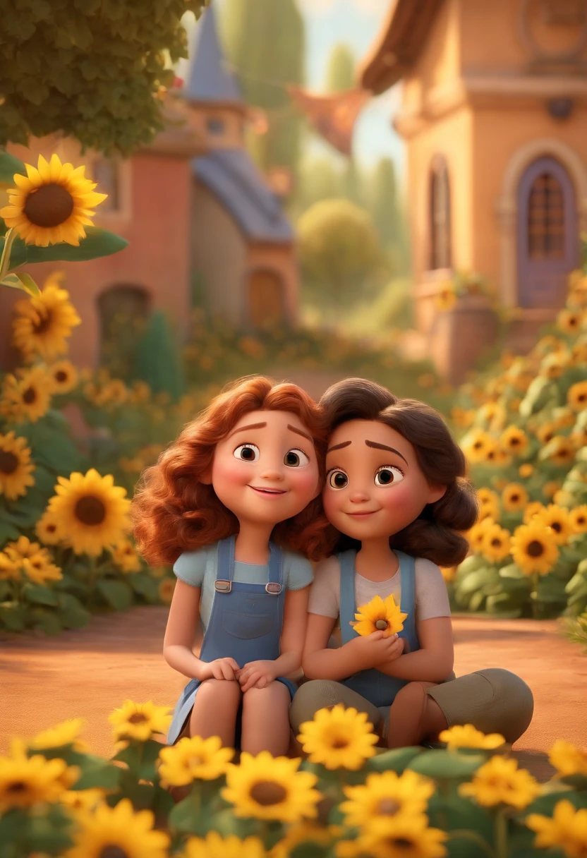 Create a Disney PIXAR-style 3D poster. ((centro da imagem, Triplets)), ((3 )) ((1 menino no meio e 2 meninas ao lado, They're hugging each other, O menino tem pele castanha e cabelos castanhos escuros e olhos castanhos escuros, 1 menina tem pele clara, olhos e cabelos escuros e cacheados, e a outra menina tem pele morena, olhos escuros e cabelos escuros e lisos)) ((tudo isso no estilo Disney PIXAR 3D, In the background, A house of sunflowers, Gloria Studio, The garden is full of nature 3D render RTX clay material, estilo de design cartunesco, POP Mart, soft lighting, linhas suaves, Spring tilt, Detailed illustrations of PIXAR 3D, Detalhes hiper-realistas, cor quente no estilo Disney PIXAR 3D))