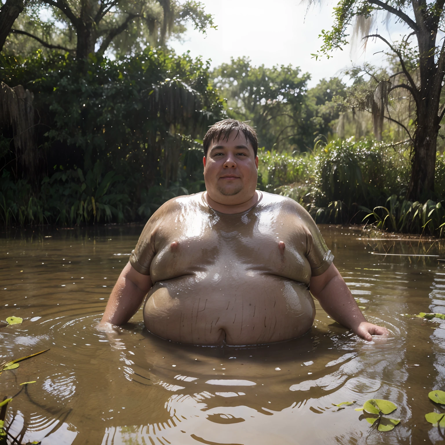 Fat wet slimy pig in the swamp