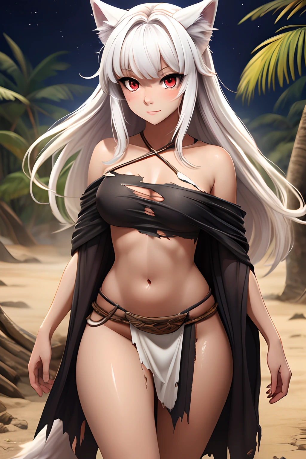 Wild White Wolf Girl, albino, a goddess, Anthropomorphic female wolf, There is a wolf's tail, furry wolf, Wolf Features, Very long messy hair and long bangs, Beautiful cute face, A cautious expression on his face, caution, distrust, Facing the camera, cos: covered with wolf hair, Skin color: white, sweaty body, mud on tel, Body glare, tanned body, ((pretty eyes)), red-eyes, ((Perfect Sexy Figure)), Ideal body shapes, big thighs, ((Subtle and beautiful)), ((Savage Clothes: The white loincloth is torn and dirty, White ripped and dirty top)), you can see the, sexy-seductive worth, Full-length, background: Wild Jungle Desert Island Night, Depth of field, ((ultra quality)), ((tmasterpiece)), clear image, crisp details, Realistic, Professional Photo Session, Clear Focus, the anime, Colorfully drawn, NSFW