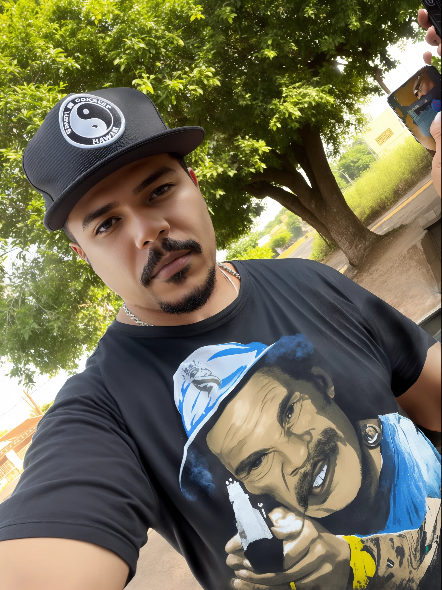 there is a man taking a selfie with a cell phone, Jamaican colors on the back, smoke billowing, folhas , estilo Pixar Disney