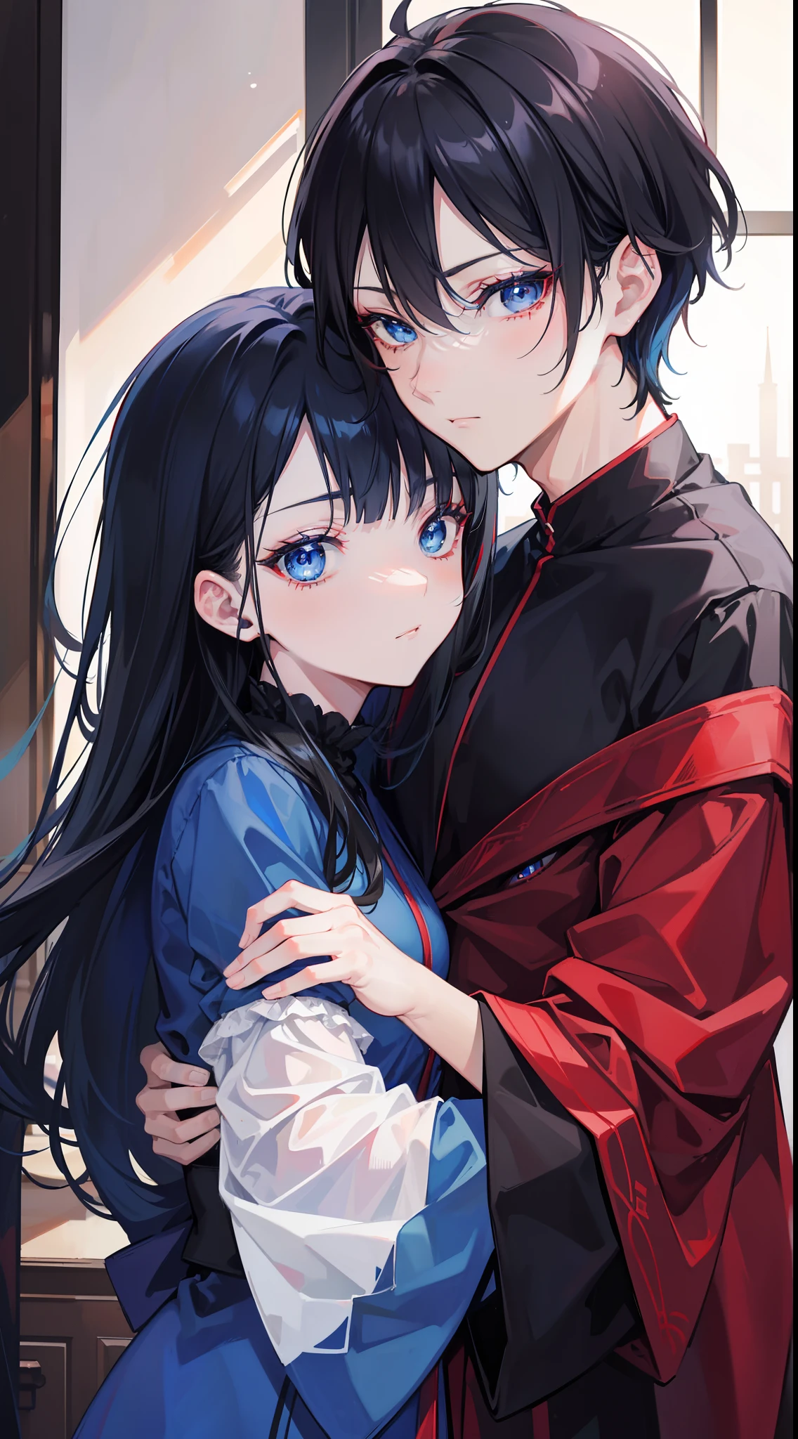 1man, sharp blue eyes with sharp pupils, red sharp hair and he was wearing black noble robes and, intimate hug and going to kiss with his lovely wife ((41 year old face, black hair, blue eyes))