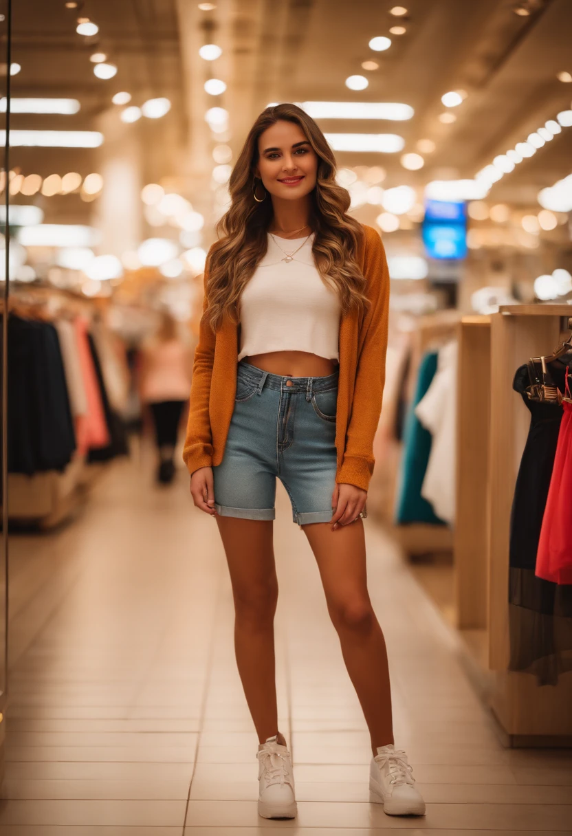 (Mikayla Demaiter) person posing in a mall clothing store, best quality, 1girl, blur background, bokeh, (mall:1.4), ((wearing casual clothe s)), gorgeous,, beautiful detailed sky, (dynamic pose:1), soft lighting, wind, ((portrait:1.4)), 2023-2024