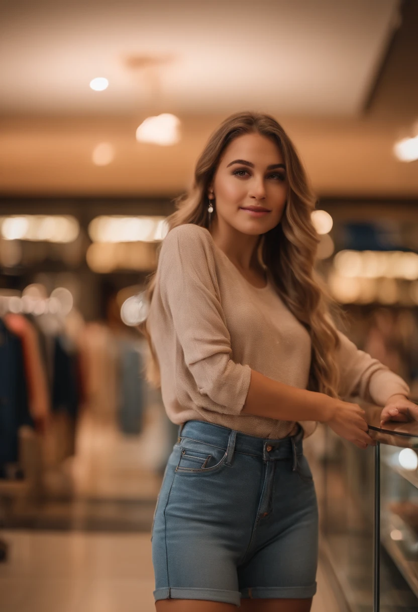 person posing in mall clothing store, best quality, 1 girl, blur background, bokeh, (mall:1.4), ((wearing a white shirt)), Gorgeous, beautiful detailed sky, (dynamic pose:1), soft lighting, wind, ((portrait:1.4)),