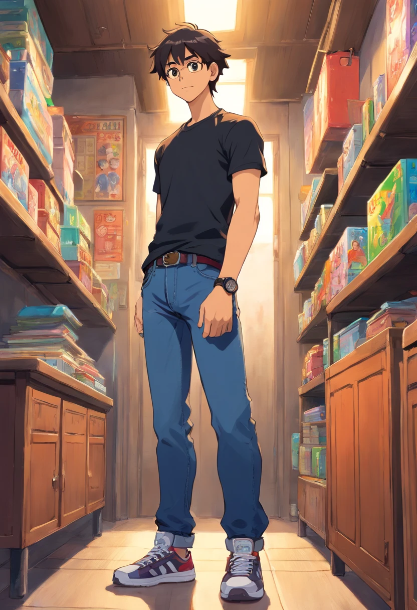 Latino man of average height, alto, short hair, Latin features , Athletic physique in black t-shirt, jeans and sneakers