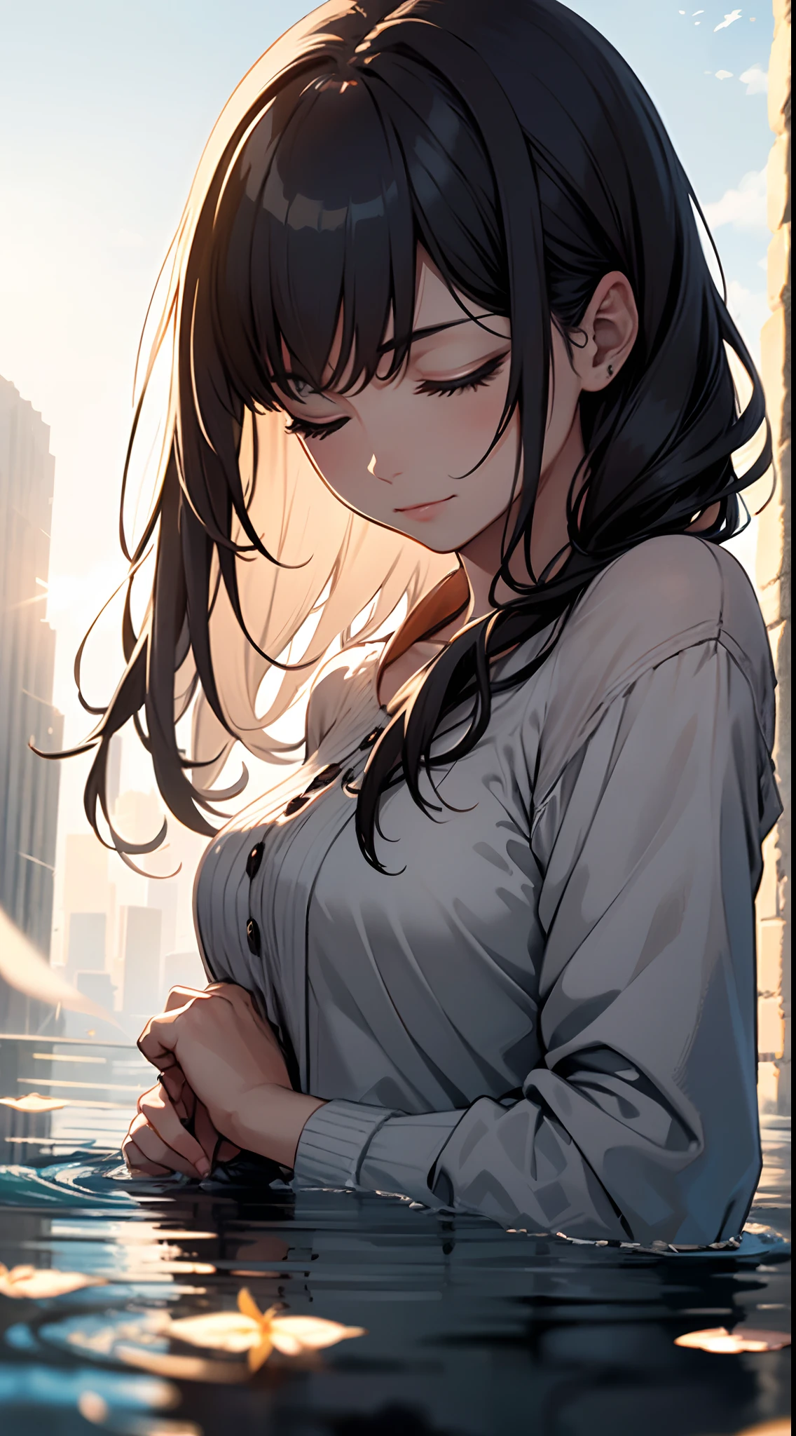 A meditative,Girl in a serene landscape,eye closed, peaceful environment, Calm atmosphere,Tranquility,Silence,soft sunlight,gentle wind,Blissful Heart,Inner peace,serenidade,Soothing colors,natural scenery,Floating feeling,Rest,harmony,Relaxation...(Best Quality,hight resolution,Ultra-detailed),Landscape painting,realistic artwork,Impressionistic style,Soft brush strokes,Subtle color blends,Vivid colors,A play of light and shadow,Ethereal,Spiritual Experiences...