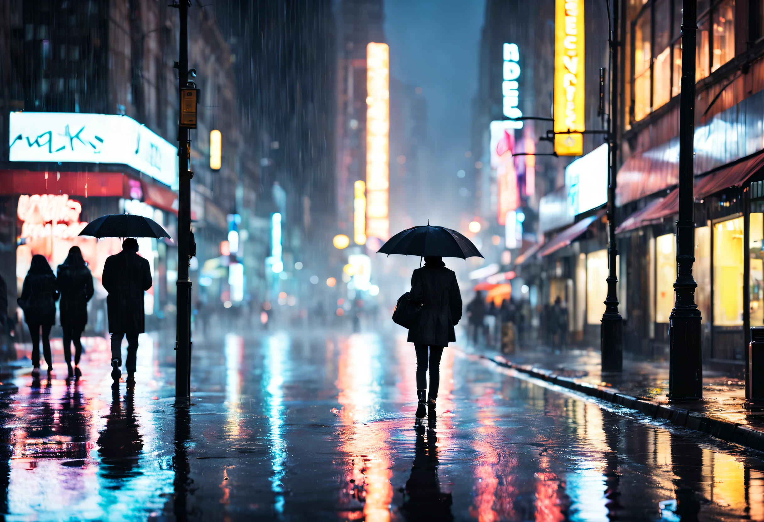(best quality,highres:1.2),rainy night,dark atmosphere,wet streets,glistening reflections,neon lights,cityscape,umbrellas,shimmering raindrops,romantic,misty fog,mood lighting,lonely figures,warm glow,glistening pavement,luminous colors,sounds of rain and thunder,drenched buildings,reflections in puddles,wet sidewalks,moisture in the air,glowing windows,soaked clothing,umbrellas in motion,urban landscape,drenched city,peaceful ambiance,hidden secrets,soft focus,serene atmosphere,calmness in chaos,water droplets on windows.